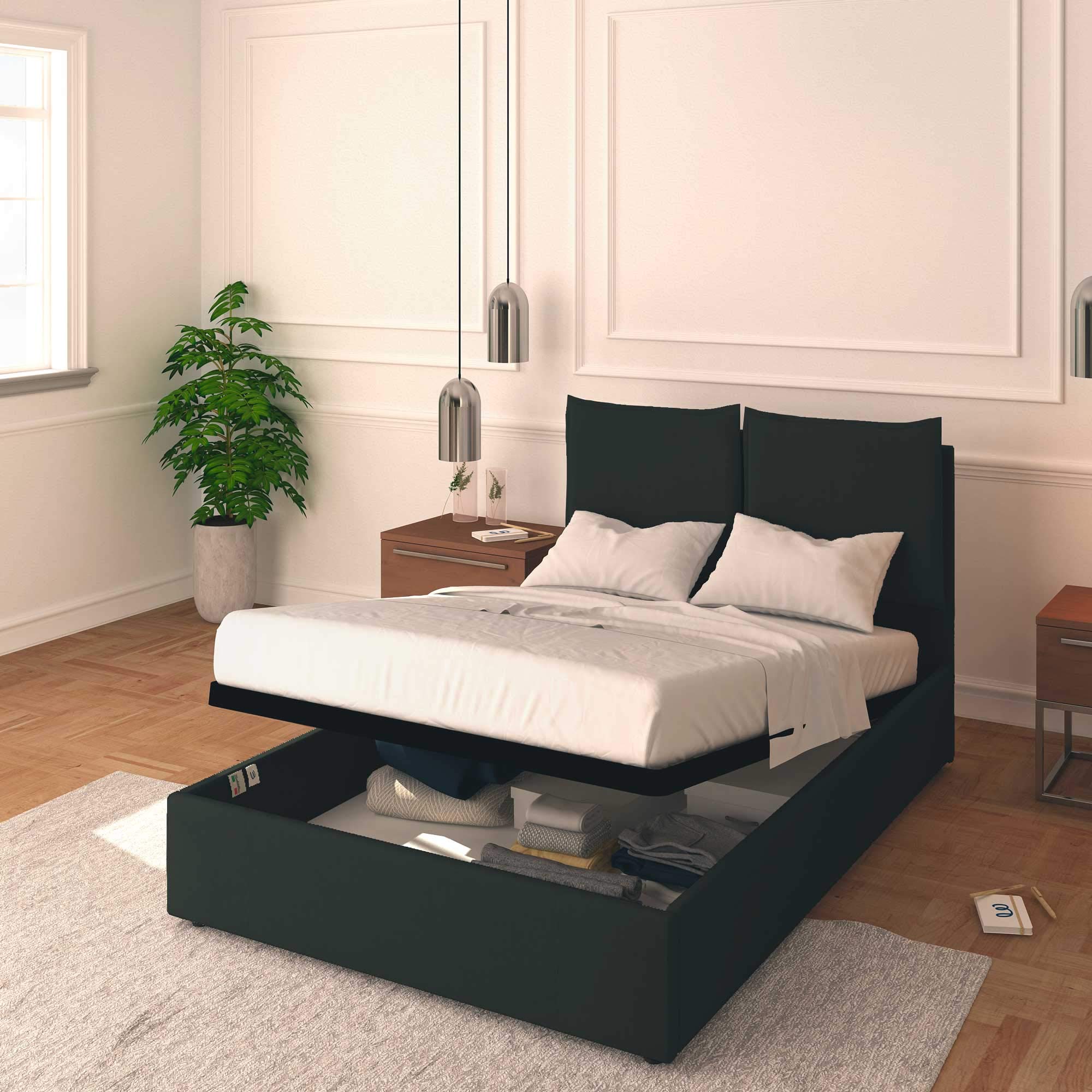 Baldiflex Queen and Twin Size Storage Bed, Licia Model, Faux Leather Upholstery, Slatted Base, for 120 x 190 cm Mattress, Padded Headboard, Black - Perfect for Small Bedrooms and Guest Rooms