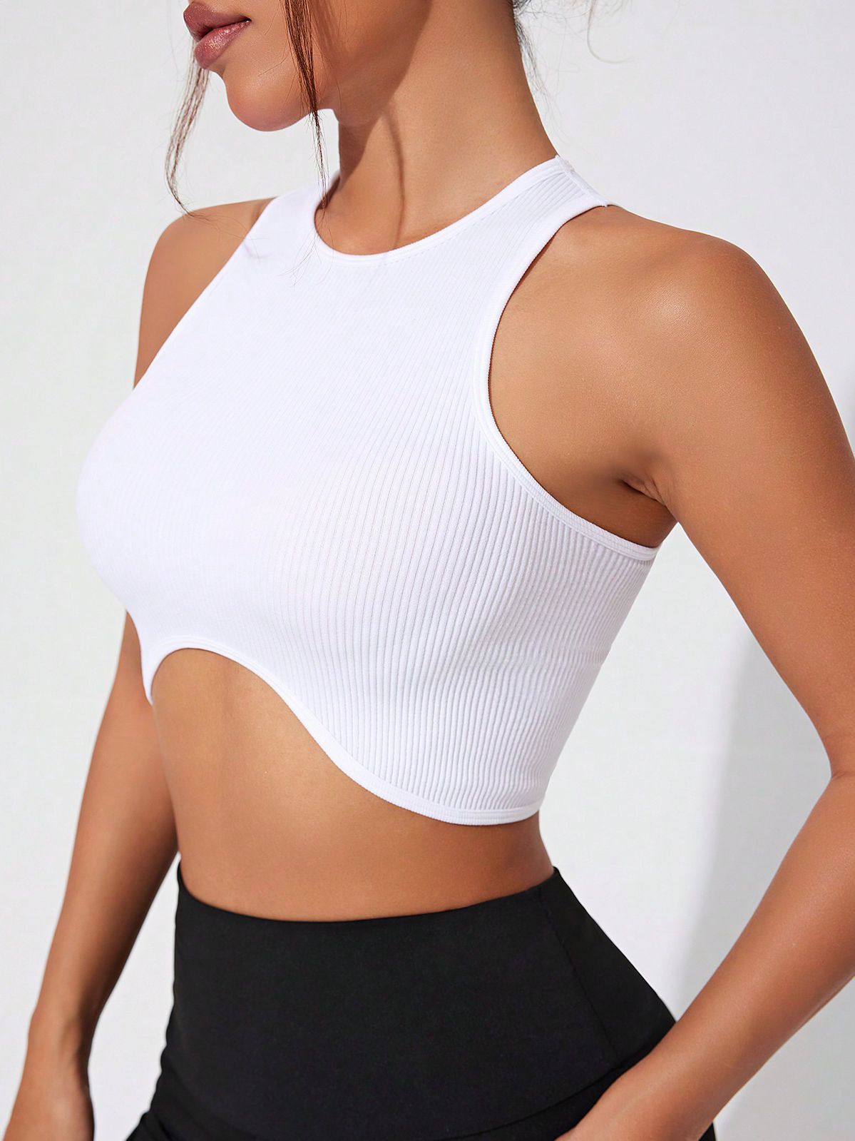 ZASUWA Women's Sexy Round Neck Ribbed Quick Dry Tank Top - Irregular Design for Gym, Yoga & Summer Outfits