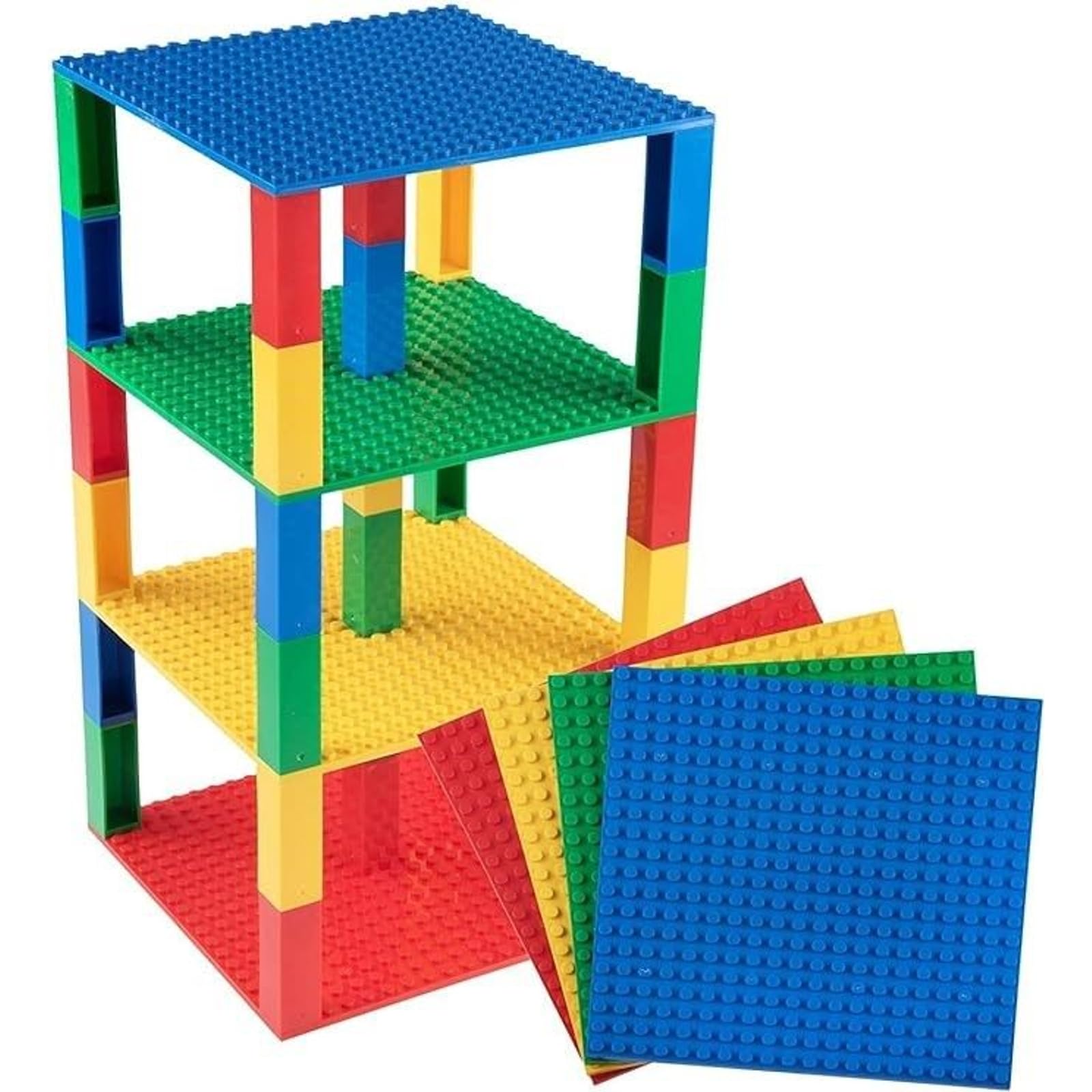 Strictly Briks Lego-Compatible Stackable Baseplates - 6x6 Inch Building Bricks for Towers, Shelves & DIY Projects (4 Base Plates + 30 Stackers in Red, Green, Blue & Yellow) | Perfect for Kids' Creative Play, Classroom STEM Activities & Home Organization