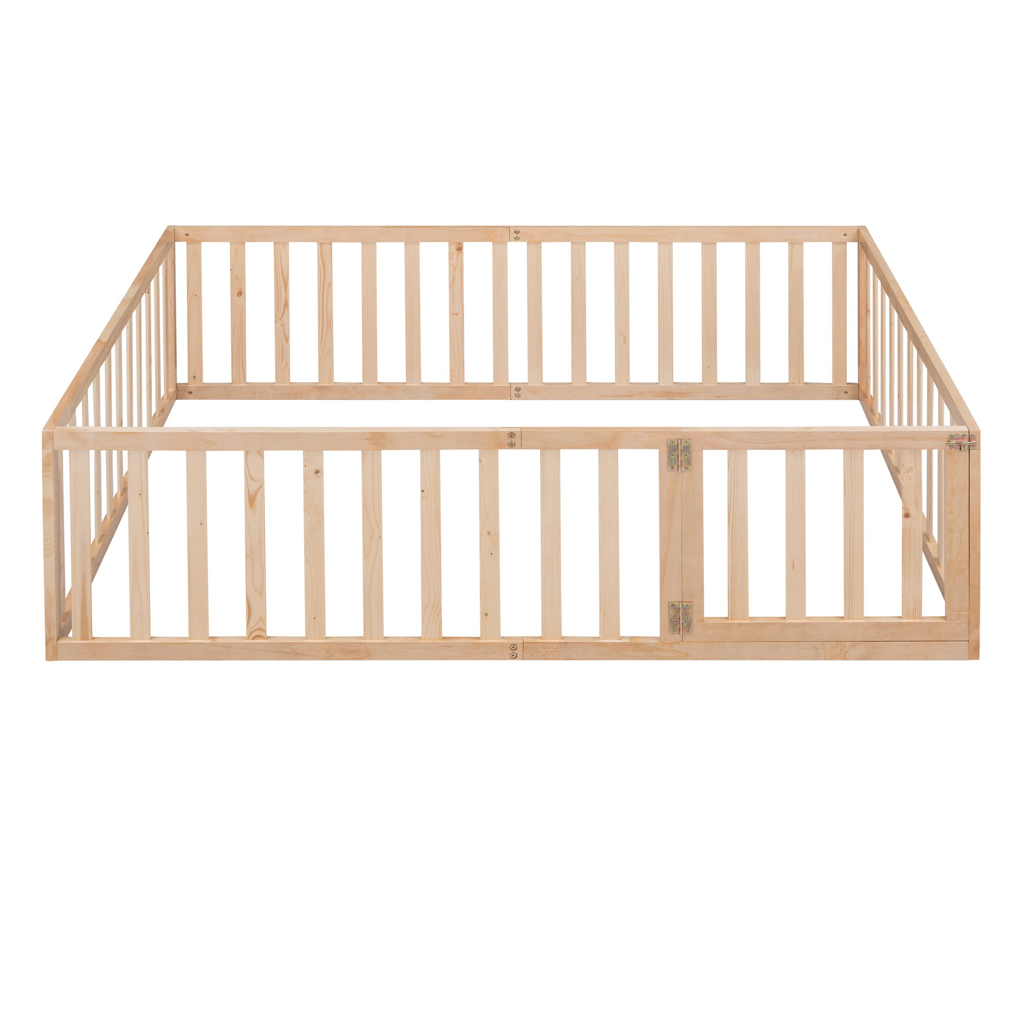 MERITLINE Full Size Wooden Bed Frame with Safety Fence for Kids Over 6 Years | Montessori Floor Bed with Door | Easy Assembly, No Box Spring Needed (Natural) - Perfect for Kids' Bedrooms, Playrooms & Montessori Learning Spaces
