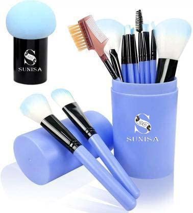 **SUNISA 12-Piece Blue Soft Synthetic Bristle Makeup Brush Set with 1 Mushroom Head Beauty Blender - Lightweight, Multipurpose for Foundation, Eyeshadow, Blending - Perfect for Professional & Home Makeup**