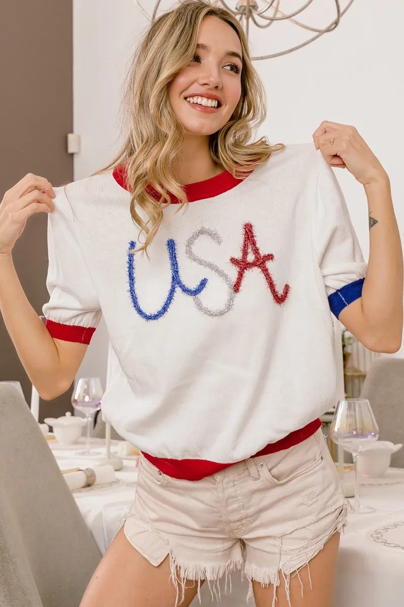 BiBi USA Women's Metallic Letter Color Block Knit Top - Trendy Casual Pullover for Streetwear & Everyday Fashion