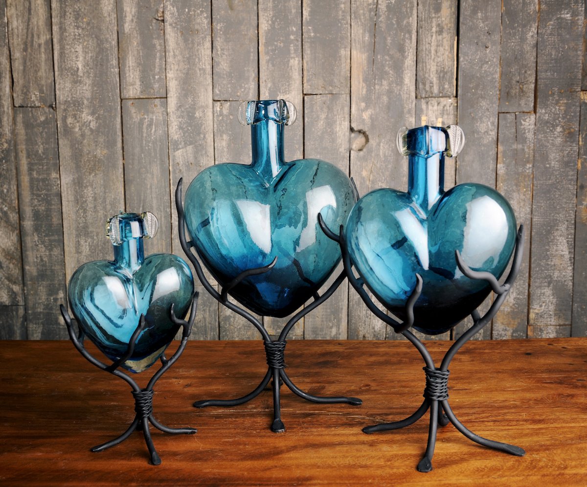 Hand Blown Glass Heart Sculptures - Large Aqua Blue Art Piece for Home Decor, Wedding Centerpiece & Romantic Gift