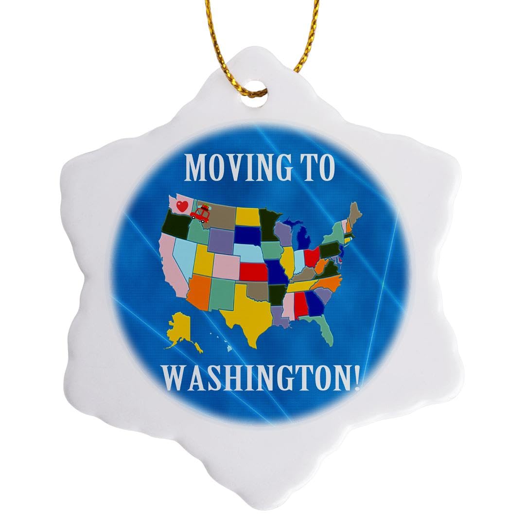 3D Rose USA Map Moving to Washington Heart & Car with Luggage Christmas Snowflake Ornament - 3 Inch Holiday Home Decor for Tree, Gift, or Winter Display