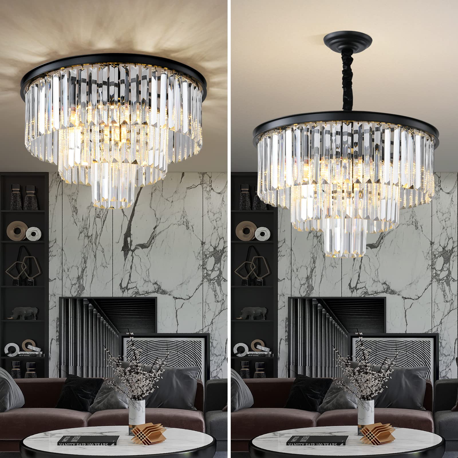 Modern Black Crystal Chandelier - 3-Tier Round Flush Mount Ceiling Light with Adjustable Height, Elegant Pendant Lighting for Dining Room, Living Room, Bedroom, Kitchen & Hotel Foyer | Perfect for Home Decor, Wedding Venues and Luxury Interior Design