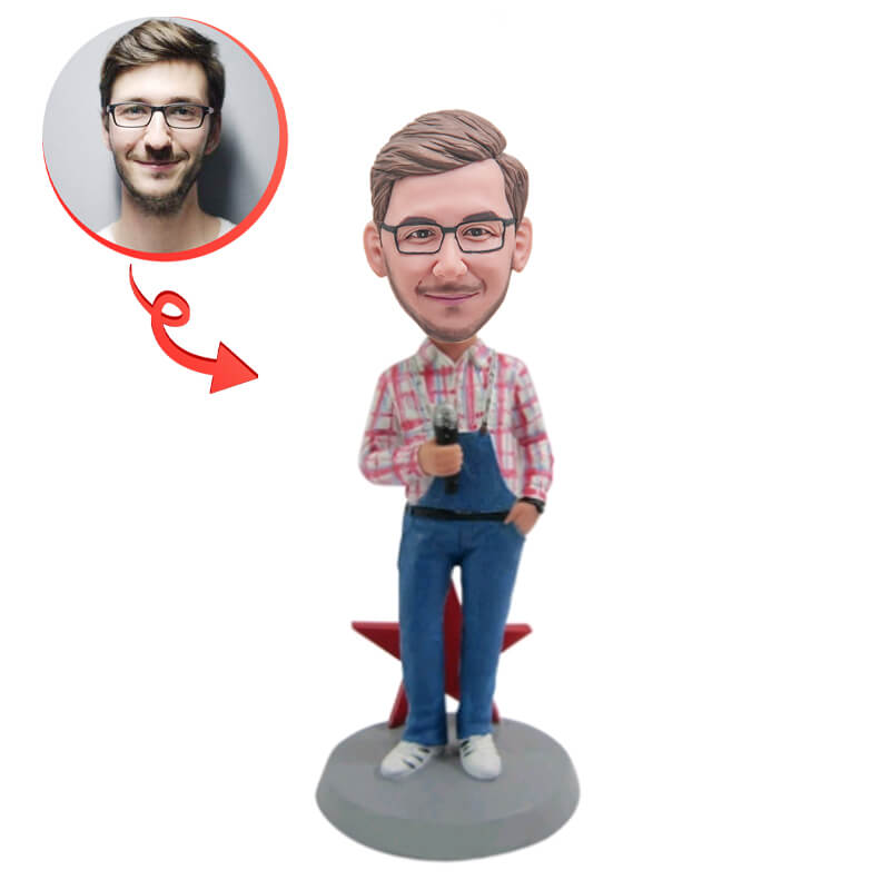 Custom Bobblehead of Man in Overalls with Microphone - Personalized Caricature Gift for DJs, Farmers, or Music Lovers - Perfect for Birthdays, Office Decor & Special Occasions