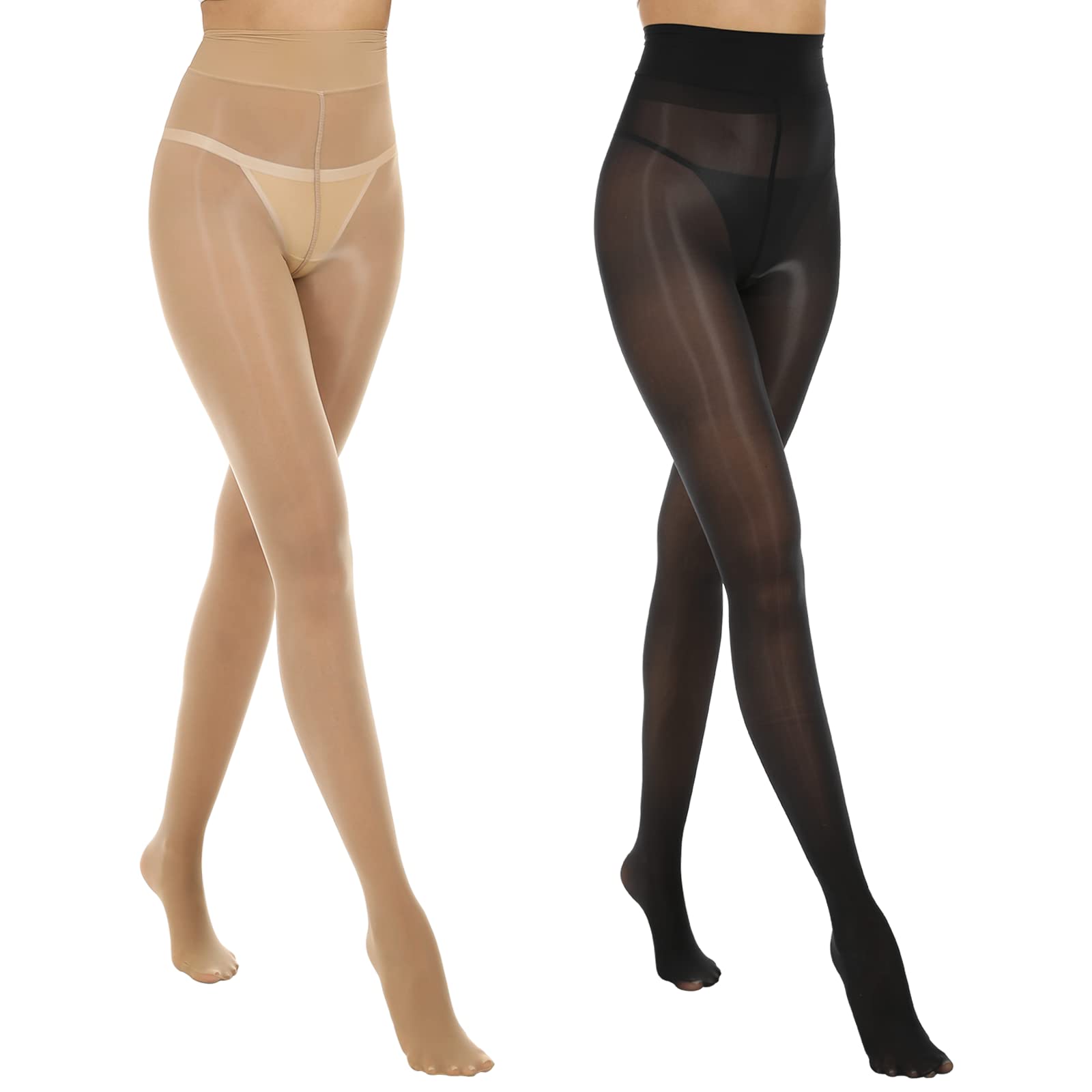 MANZI 2 Pairs Women's Shiny Sheer Tights - High Waist Silk Comfort Stockings, Oil Shimmery Nylons Pantyhose for Everyday Wear, Office, Party & Special Occasions