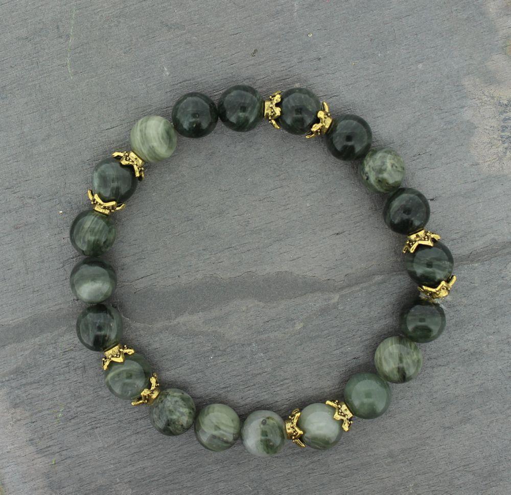 Green Jasper Wrist Mala Bracelet with Gold Caps - Spiritual Healing Meditation Yoga Accessory for Stress Relief & Positive Energy