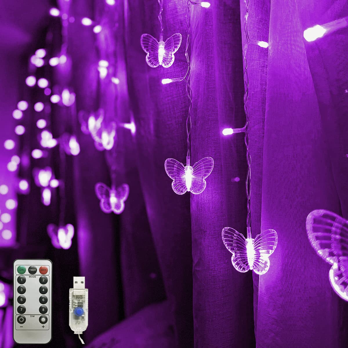 Butterfly Fairy String Lights - 20FT USB LED Curtain Lights with Remote, 8 Modes & Timer, Waterproof for Bedroom, Christmas, Wedding, Party Decor (Purple) - Perfect for Indoor/Outdoor Home Decoration and Special Events