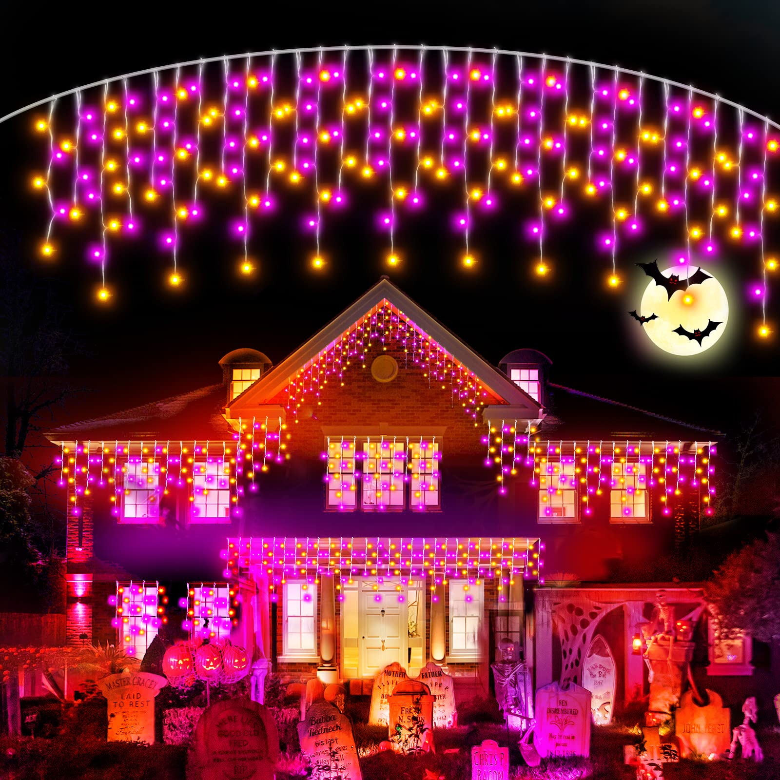 640 LED Purple and Orange Halloween String Lights - 65.6 Ft Outdoor/Indoor Waterproof Christmas Lights with 8 Lighting Modes (120 Drops) - Perfect for Halloween Decor, Christmas Tree, Yard, Party, Home, Room, and Spider Web Decorations