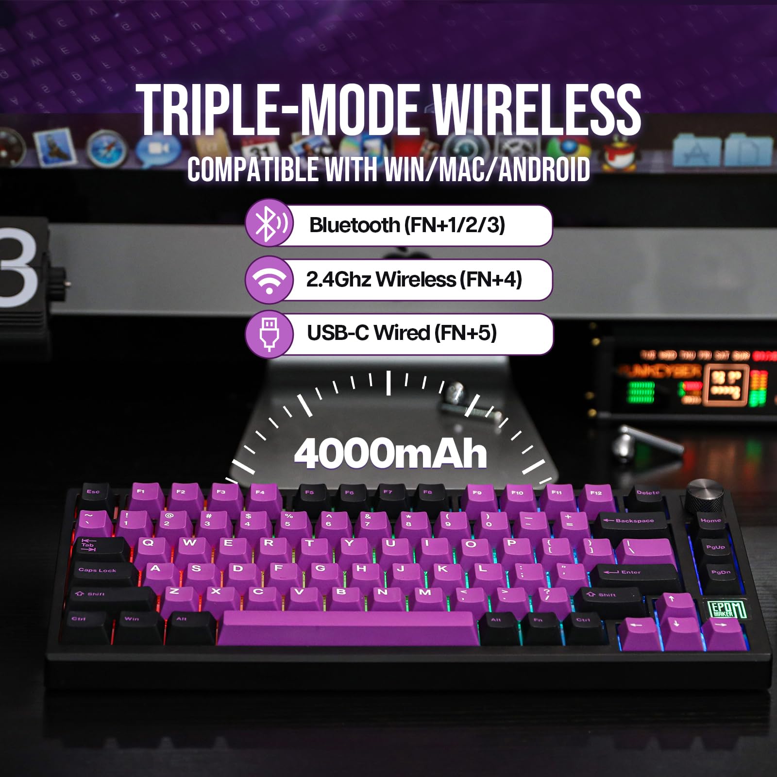 EPOMAKER TH80 SE 75% Gasket Mount Mechanical Keyboard - NKRO, Hot Swappable, RGB Backlit, Triple Mode (Wired/Bluetooth/2.4G) for Gaming - Poron/EVA Foam Dampening, Knob Control - Compatible with Windows/Mac - TH80 SE Black Purple (Gateron Pro Black Switches) - Perfect for Esports, Office Work & Typing Enthusiasts