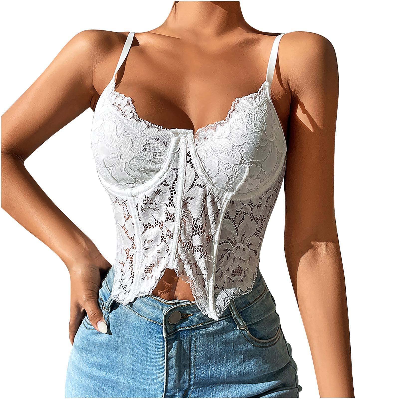 Sexy White Lace Patchwork Crop Tank Top for Women - Spaghetti Strap Cami with Built-in Bra, Sheer Lace Beachwear for Summer Parties, Vacations & Date Nights