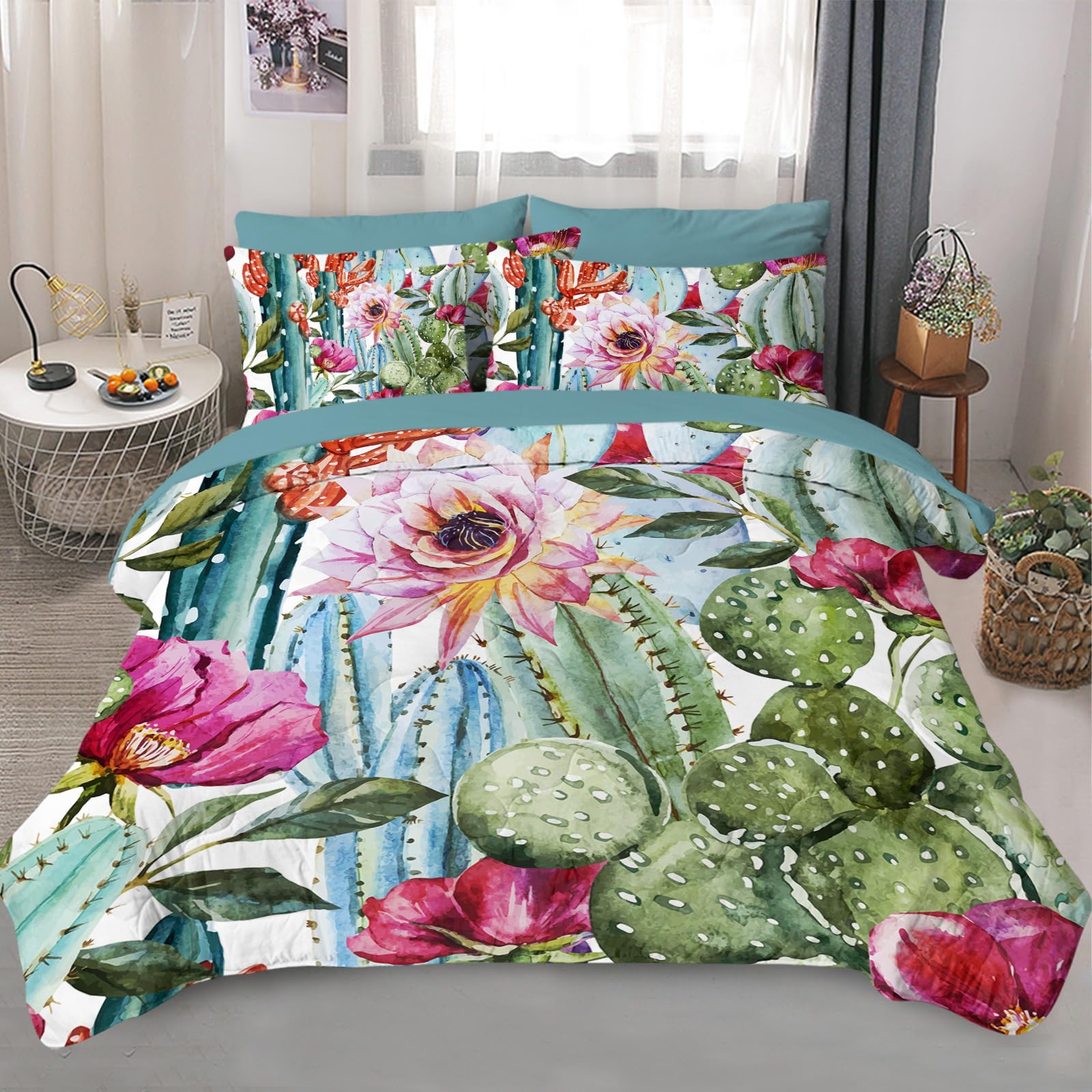 8-Piece Cactus Bedding Set - Vintage Succulent Watercolor Comforter Set with 1 Comforter, 2 Pillowcases, 2 Shams, Flat & Fitted Sheets (King Size, Green) | Boho Bedroom Decor for Home & Guest Room