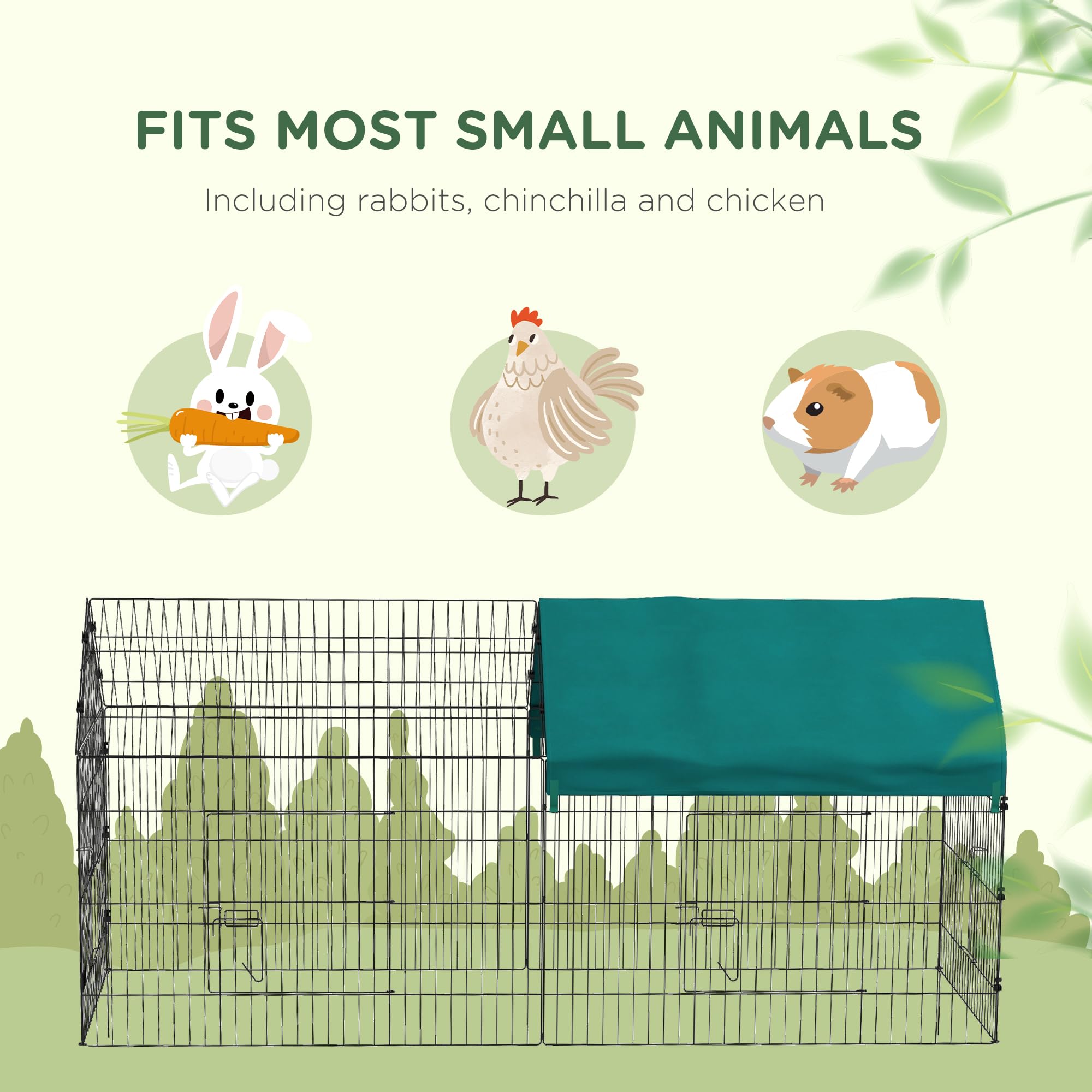 PawHut 87-Inch Small Animal Playpen with Doors - Outdoor/Indoor Catio Cage for Rabbits, Guinea Pigs, Chickens, Chinchillas, Cats, Quails & Ducks - Spire Roof Design in Green - Perfect for Backyard, Patio or Indoor Pet Play Areas
