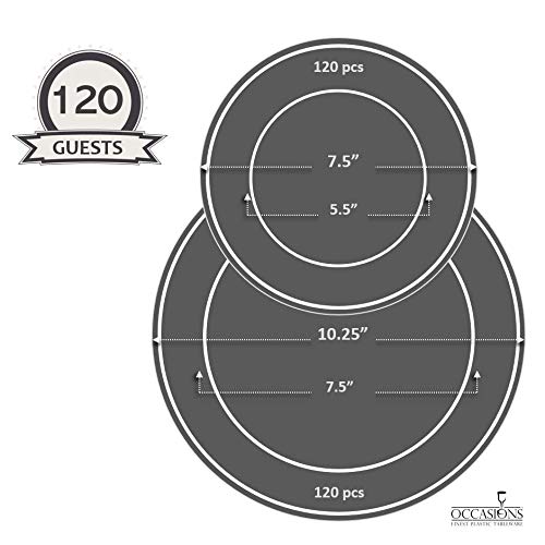 240-Piece Premium Disposable Plastic Plates Set for Weddings & Parties - 120 x 10.25'' Dinner Plates + 120 x 7.5'' Salad/Dessert Plates in Elegant White/Blue & Gold - Perfect for Wedding Receptions, Bridal Showers, and Formal Events