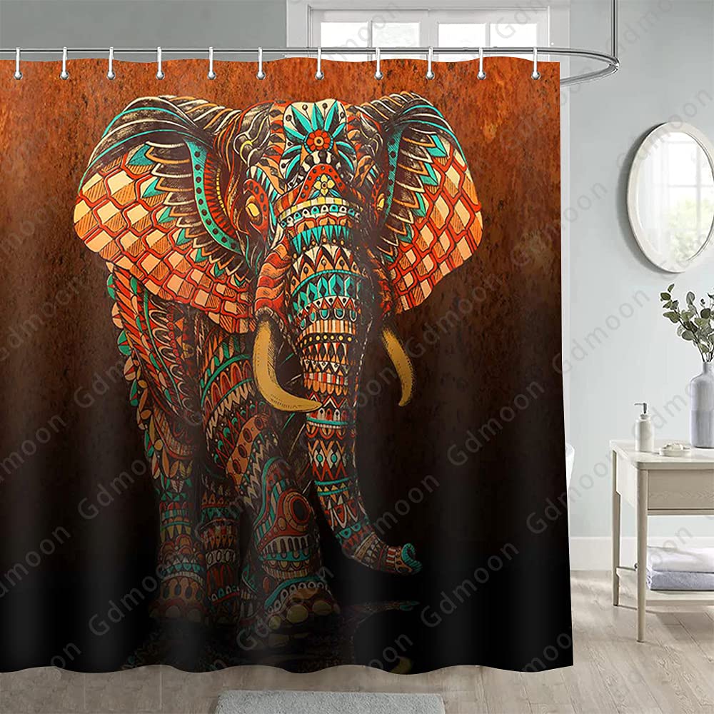 Bohemian Elephant Mandala Shower Curtain - Colorful Psychedelic African Animal Bathroom Decor Set, 72x72 Inch Waterproof Fabric for Bathtub & Shower (YLZFGD854) - Perfect for Boho, Jungle & Eclectic Bathroom Themes