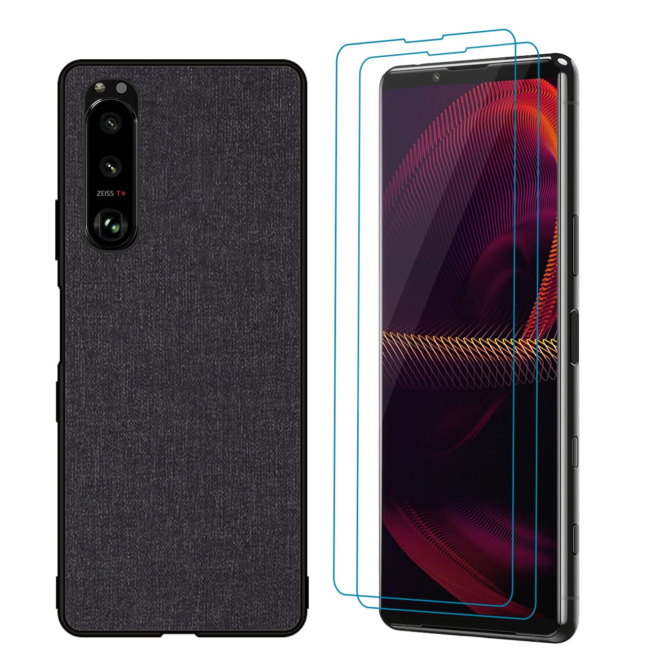 Shockproof Soft TPU + PC Phone Case for Sony Xperia 5 III with 2 Pack Screen Protectors - Cloth Pattern Design & Lens Protection (Black) - Perfect for Outdoor Activities, Travel & Daily Use