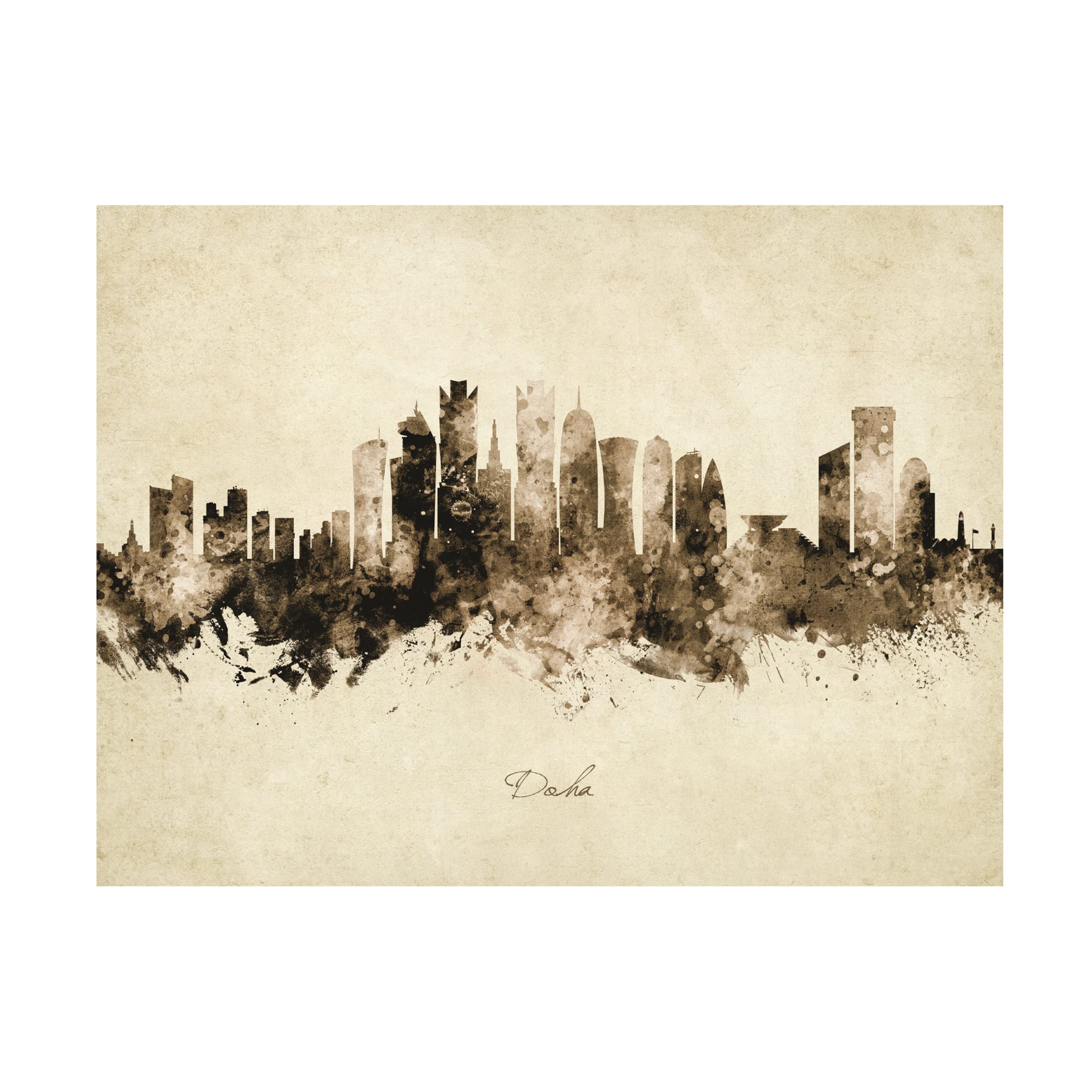 Michael Tompsett Doha Qatar Skyline Vintage Canvas Art Print - Modern Wall Decor for Living Room, Office & Bedroom