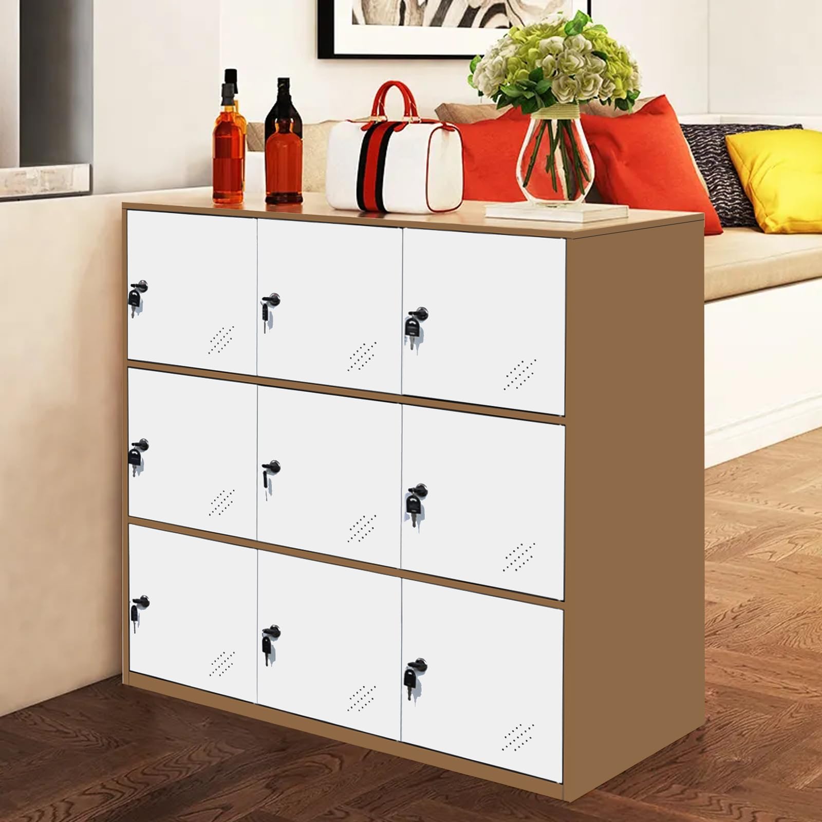 MECOLOR 9-Door Metal Locker Cabinet - Stackable Storage for Office, School & Home - White (9D-WH) - Perfect for Students, Employees & Staff Organization Needs