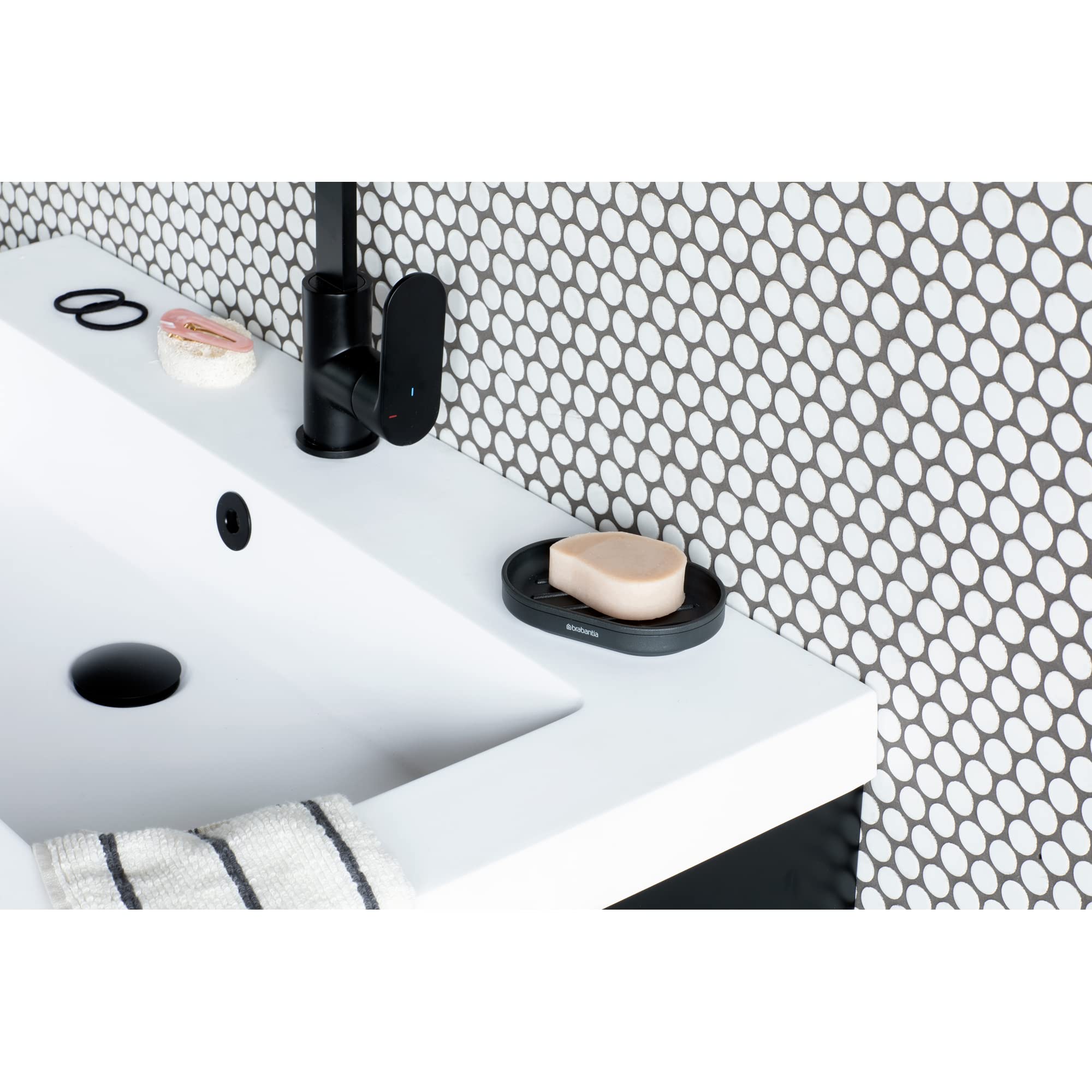 Brabantia MindSet Soap Dish - Anti-Rust Metal Soap Holder Tray for Bathroom, Shower & Kitchen Sink - Non-Slip Basin Soap Dispenser (Mineral Infinite Gray) - Perfect for Modern Homes & Spa-Like Showers