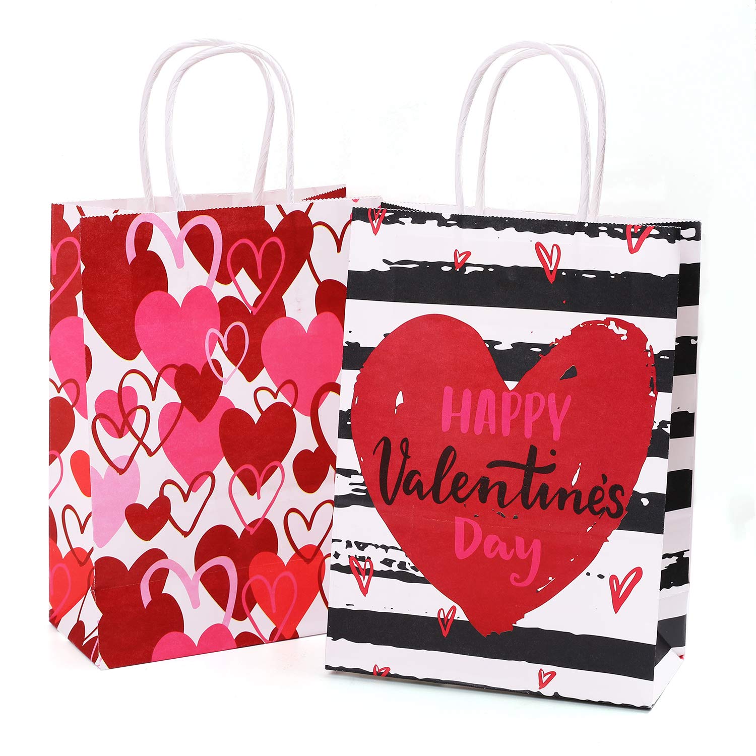 20-Piece Valentine's Day Kraft Paper Gift Bags with Handles - Red & Pink Heart Design for Party Favors, Classroom Treats & Romantic Gift Packaging