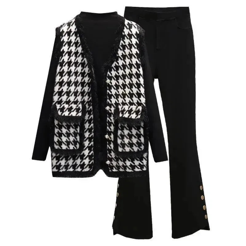 Stylish Women's Tweed Plaid 3-Piece Outfit Set - Blazer, Top & Skirt for Work, Office & Formal Occasions