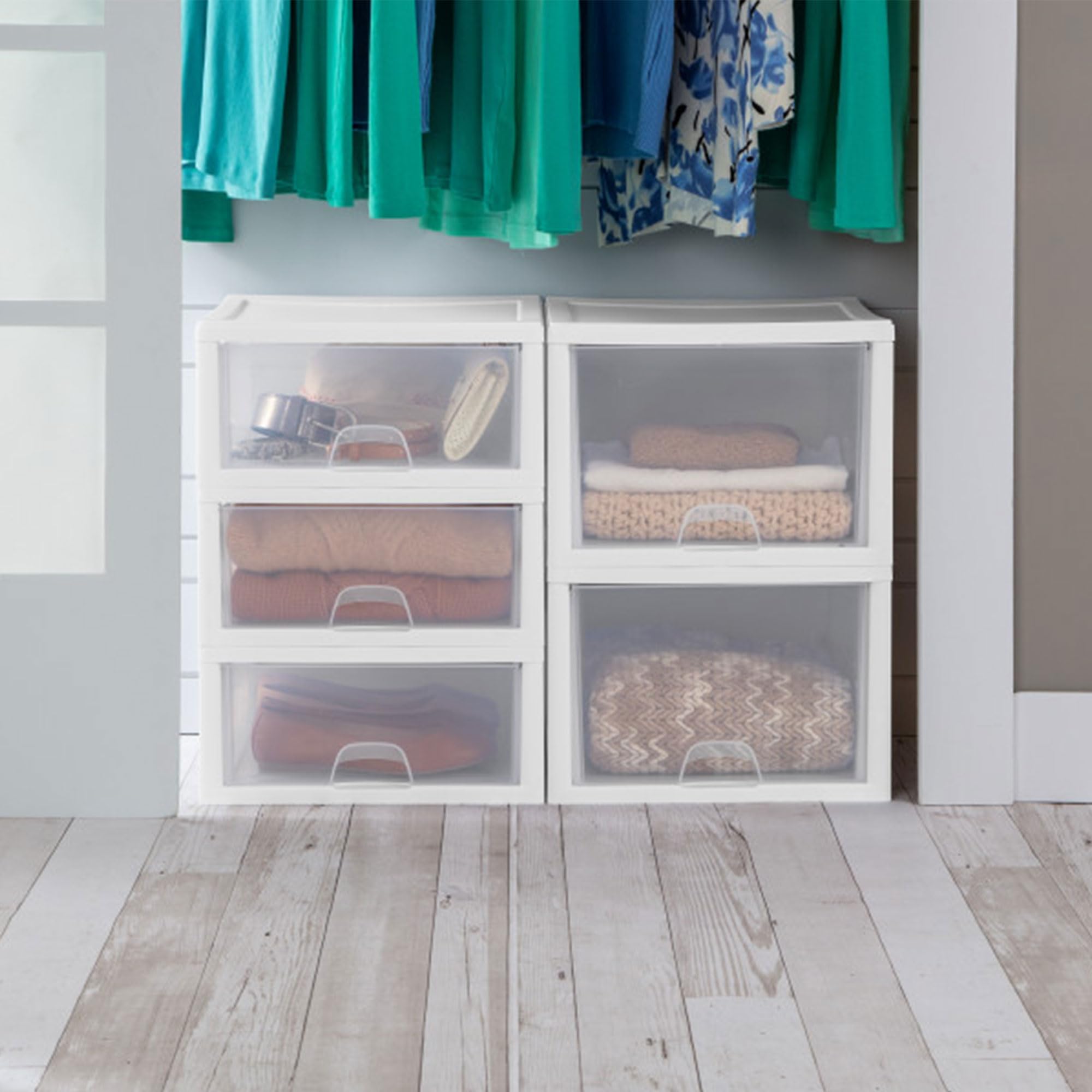 Sterilite 16-Pack Clear Stacking Drawers with White Frame - 27 Quart Plastic Storage Bins for Closet Organization - Perfect for Bedroom, Office, and Garage Storage Solutions
