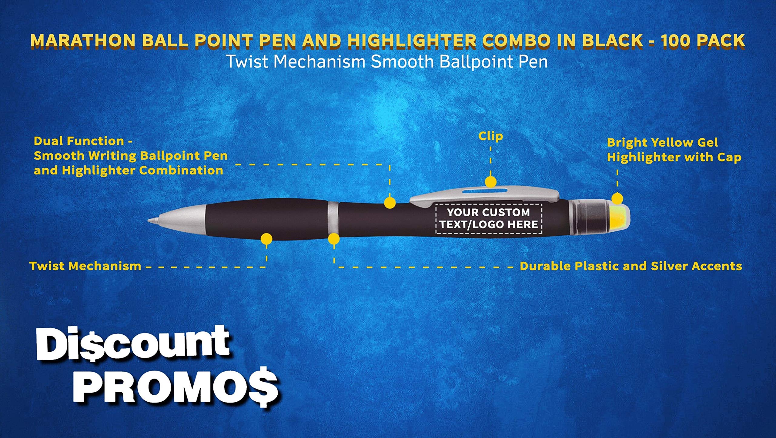 100-Pack Marathon Gel Highlighter Pens with Custom Text/Logo - Smooth Twist Ballpoint for Office, School & Study Notes - Vibrant Black Ink Markers (Bulk Discount)