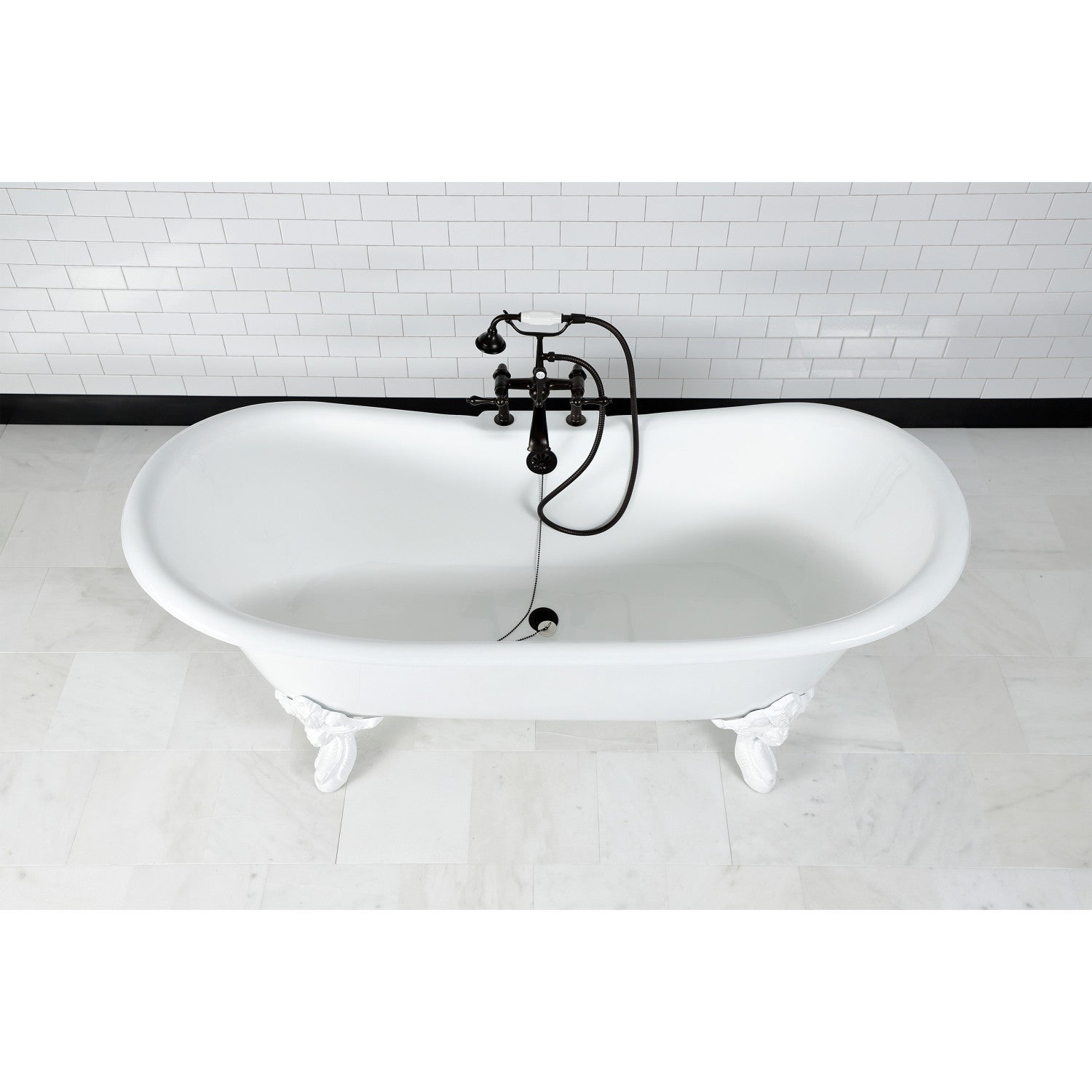 72 Inch White Cast Iron Oval Double Slipper Clawfoot Bathtub with 7 Inch Faucet Drillings - Vintage Freestanding Soaking Tub for Luxury Bathroom & Spa Retreat
