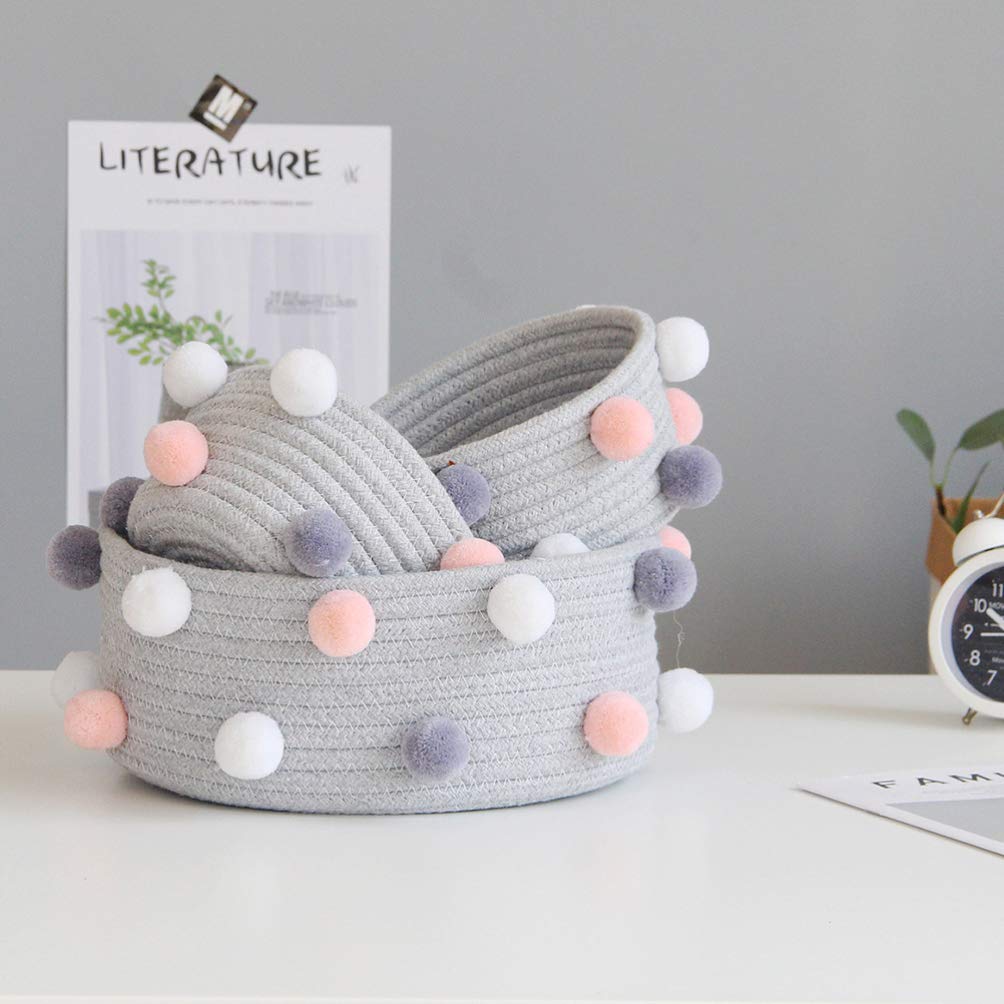 Cabilock 2-Piece Round Woven Pompom Basket Set - Small Fabric Storage Bins for Cosmetics, Clothes & Baby Items | Braided Plush Organizer for Closet, Nursery & Home Decor