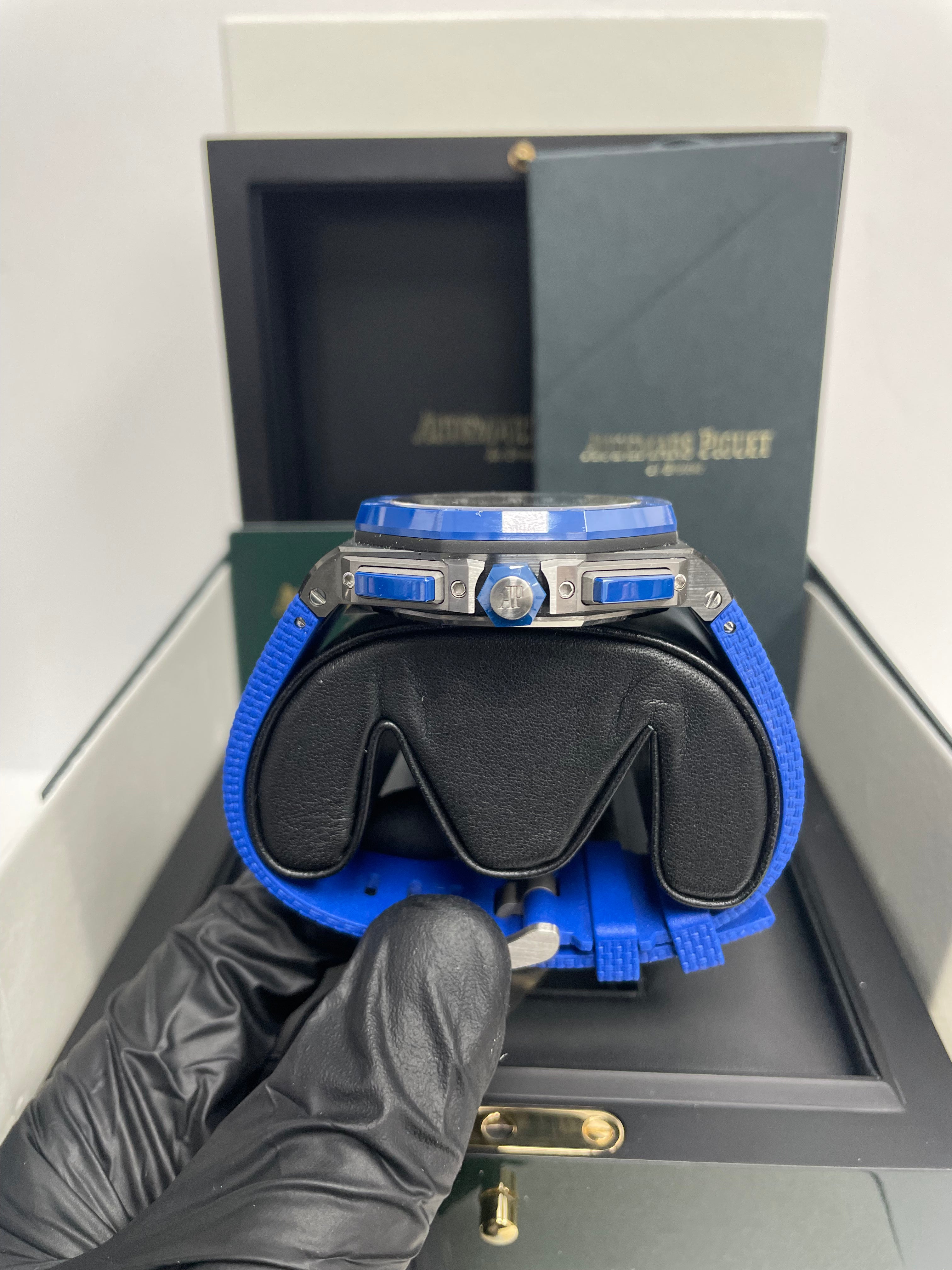 Audemars Piguet Royal Oak Offshore Selfwinding Chronograph Men's Watch - Stainless Steel Case, Blue Leather Strap, Blue Dial with White Subdials & Ceramic Bezel (Model 26405CE.OO.A030CA.01) - Luxury Sports Watch for Business, Formal Events & Collectors