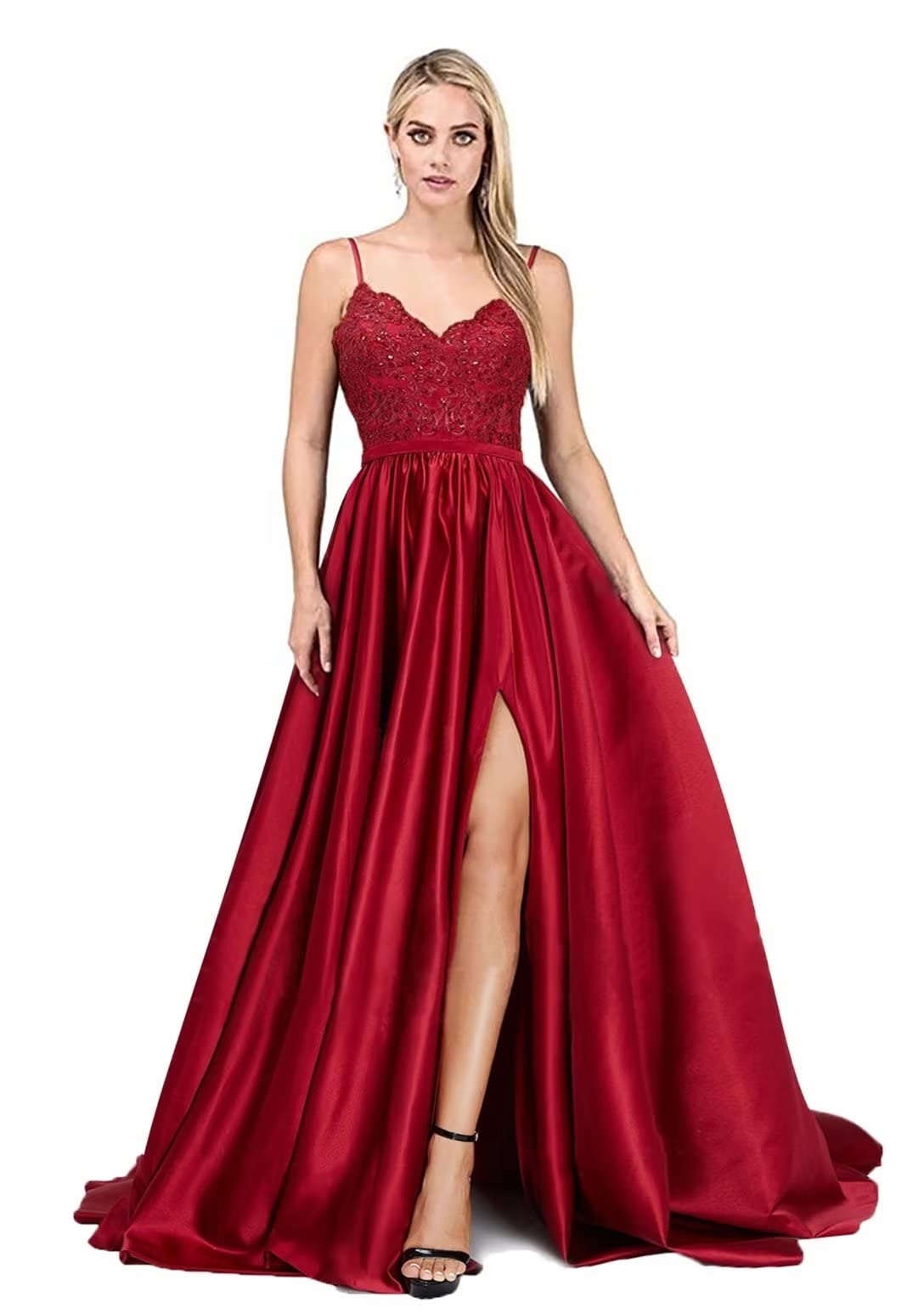 Elegant APXPF Women's Lace Prom Dresses Long Satin Slit Formal Evening Gowns with Pockets - Perfect for Homecoming, Wedding Guest, and Special Occasions
