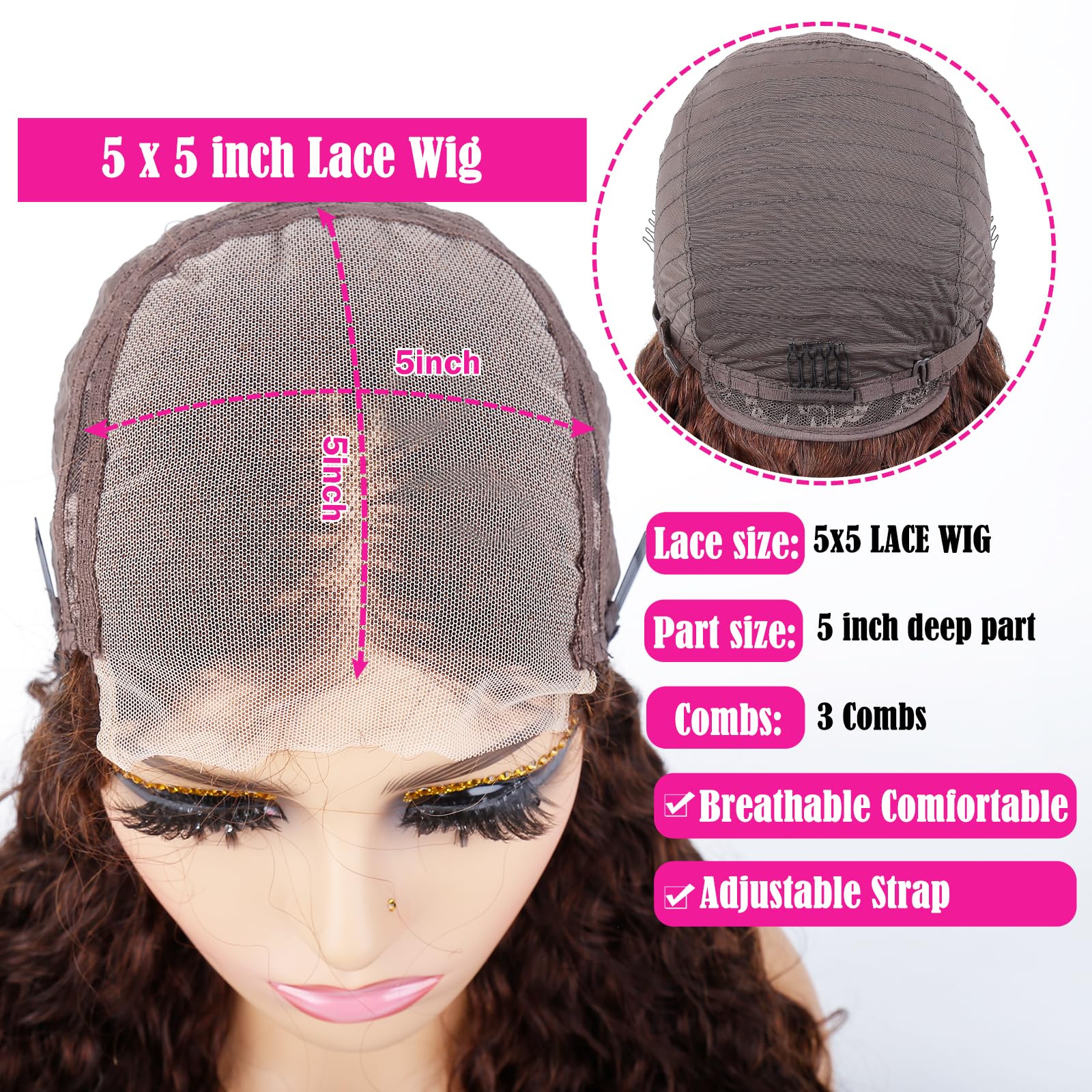 FQ Chocolate Brown Lace Front Wig - 5x5 HD Lace Water Wave Human Hair Wigs for Black Women | 180% Density | 28 Inch Colored Lace Wigs | Perfect for Parties, Weddings & Daily Styling