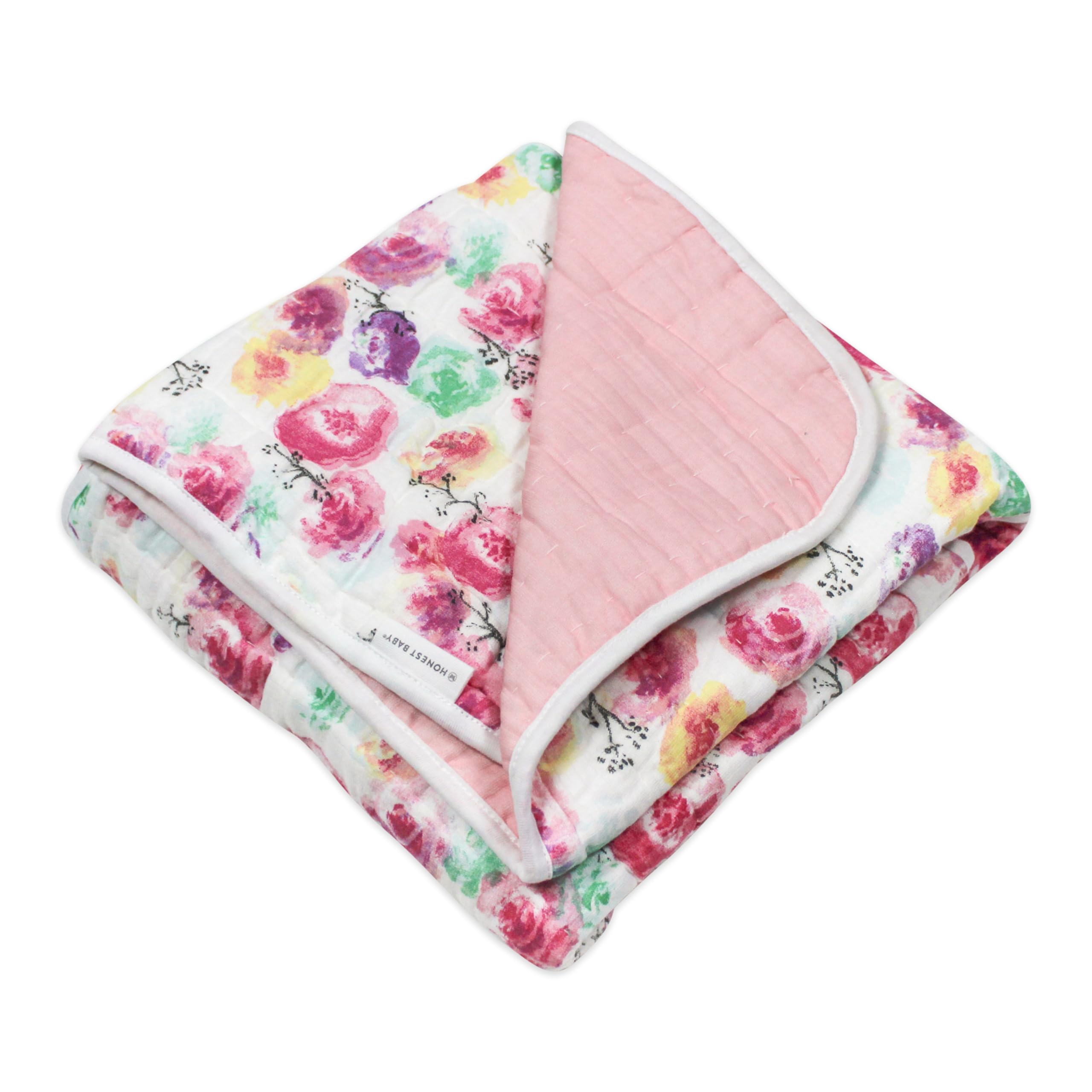 HonestBaby Quilted Baby Blankets - Reversible Organic Cotton Blanket for Infant Boys & Girls, Unisex, Rose Blossom Pink - Soft & Breathable Nursery Blanket for Swaddling, Stroller, Crib & Playtime