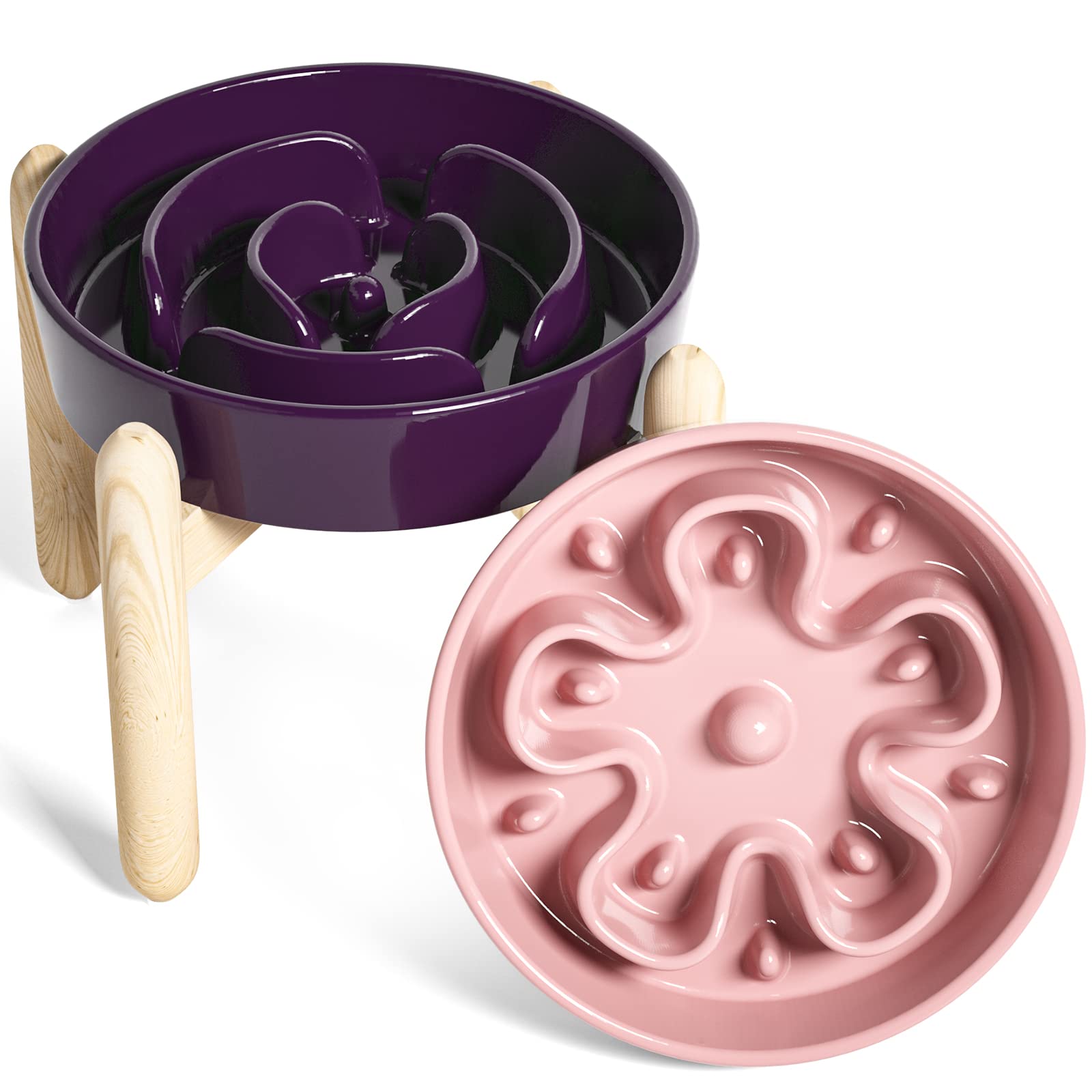LE TAUCI Ceramic Slow Feed Dog Bowl with Wood Stand - Anti-Gulping Pet Dish for Medium Dogs - Non-Slip for Home Use