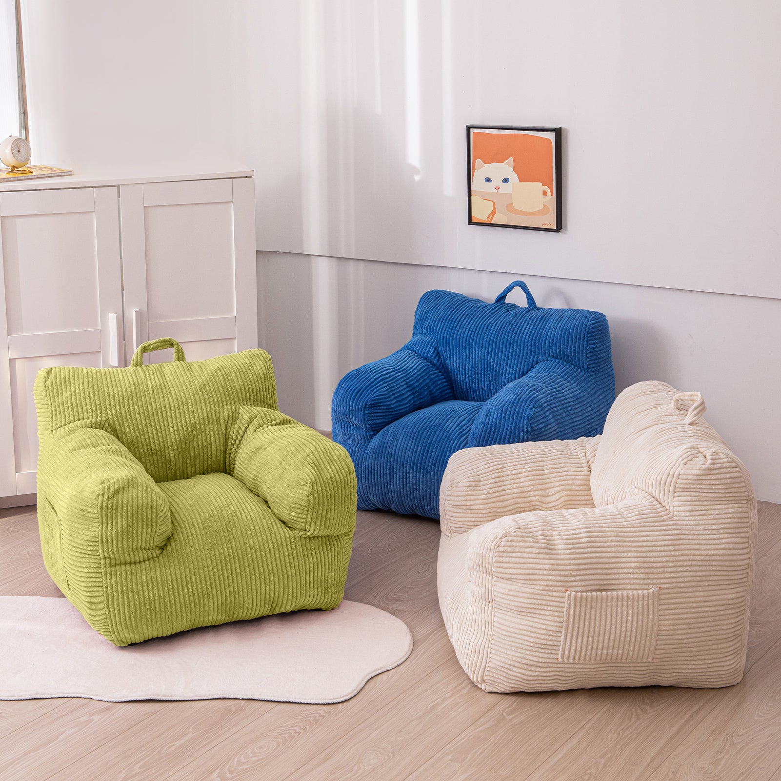 MAXYOYO Kids Bean Bag Chair - Soft Corduroy Bean Bag Couch with Armrests for Children's Bedroom, Playroom & Dorm (Green) - Perfect for Reading, Gaming & Relaxing