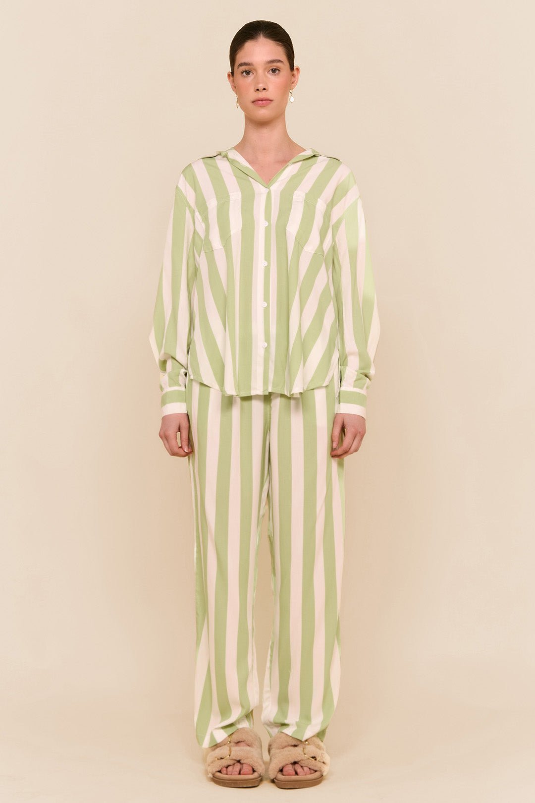 Marlon Long Sleep Set - Soft Striped Pajamas in Margarita Green for Women | Cozy Nightwear for Relaxing at Home & Lounging