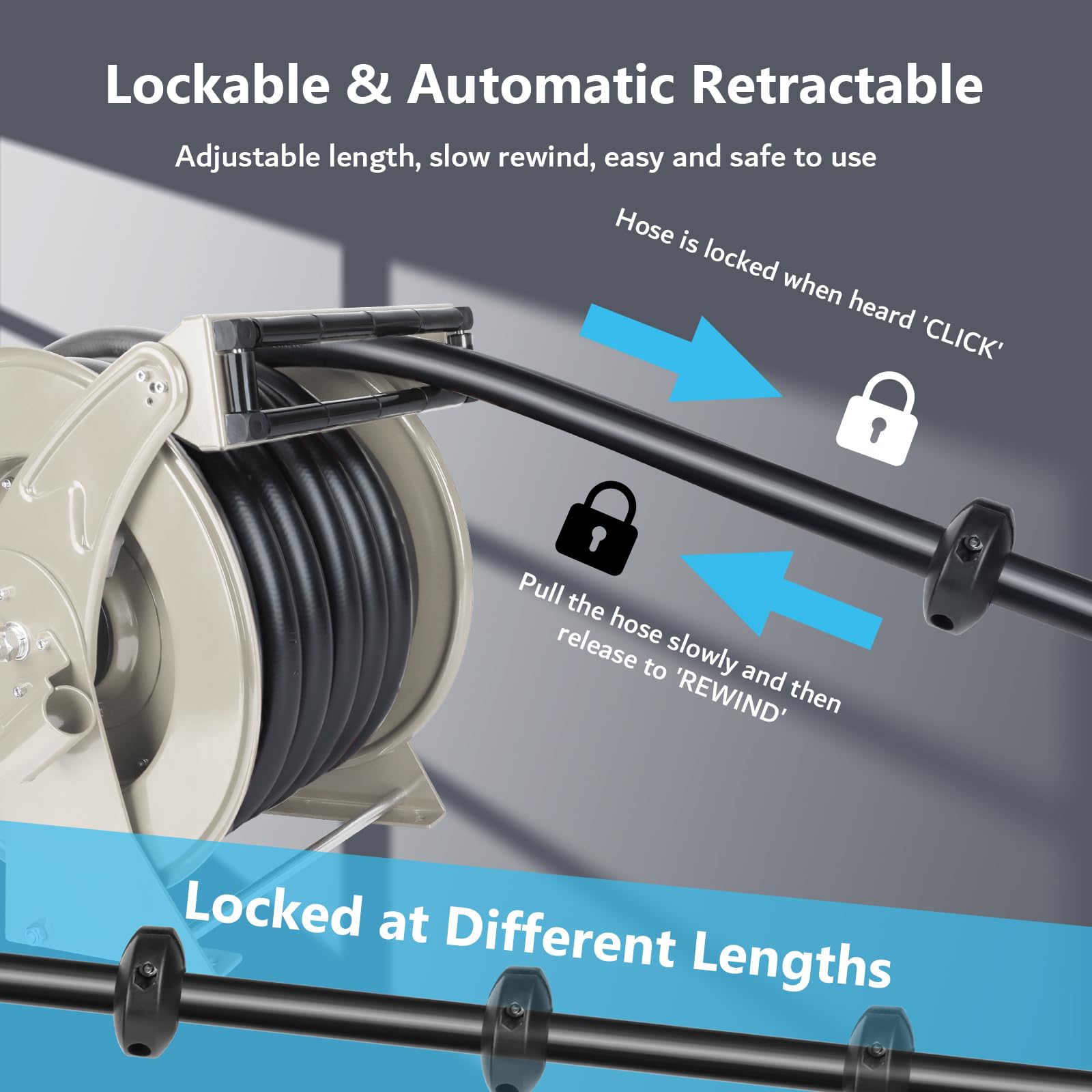 1 Inch Heavy Duty Retractable Fuel Hose Reel - 50ft Diesel Fuel Hose with Nozzle, 300 PSI Spring Driven Autoswing for Fast Pumping - Ideal for Tank Trucks, Boats, Air Vehicles & Automotive Use