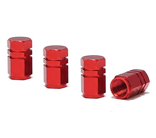(4) Red Anodized Aluminum Tire Valve Caps - Hexagon Racing Style - Durable & Stylish Car Accessories for Sports Cars, Motorcycles & Bikes - Perfect for Car Enthusiasts & Auto Upgrades