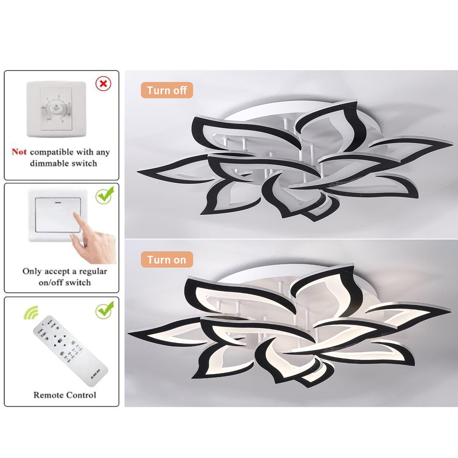 Modern LED Ceiling Light Fixture - Dimmable Flush Mount Flower Chandelier with Black Petals, 72W Energy Saving Lighting for Bedroom, Living Room & Dining Room | Elegant Home Decor & Ambient Lighting Solution