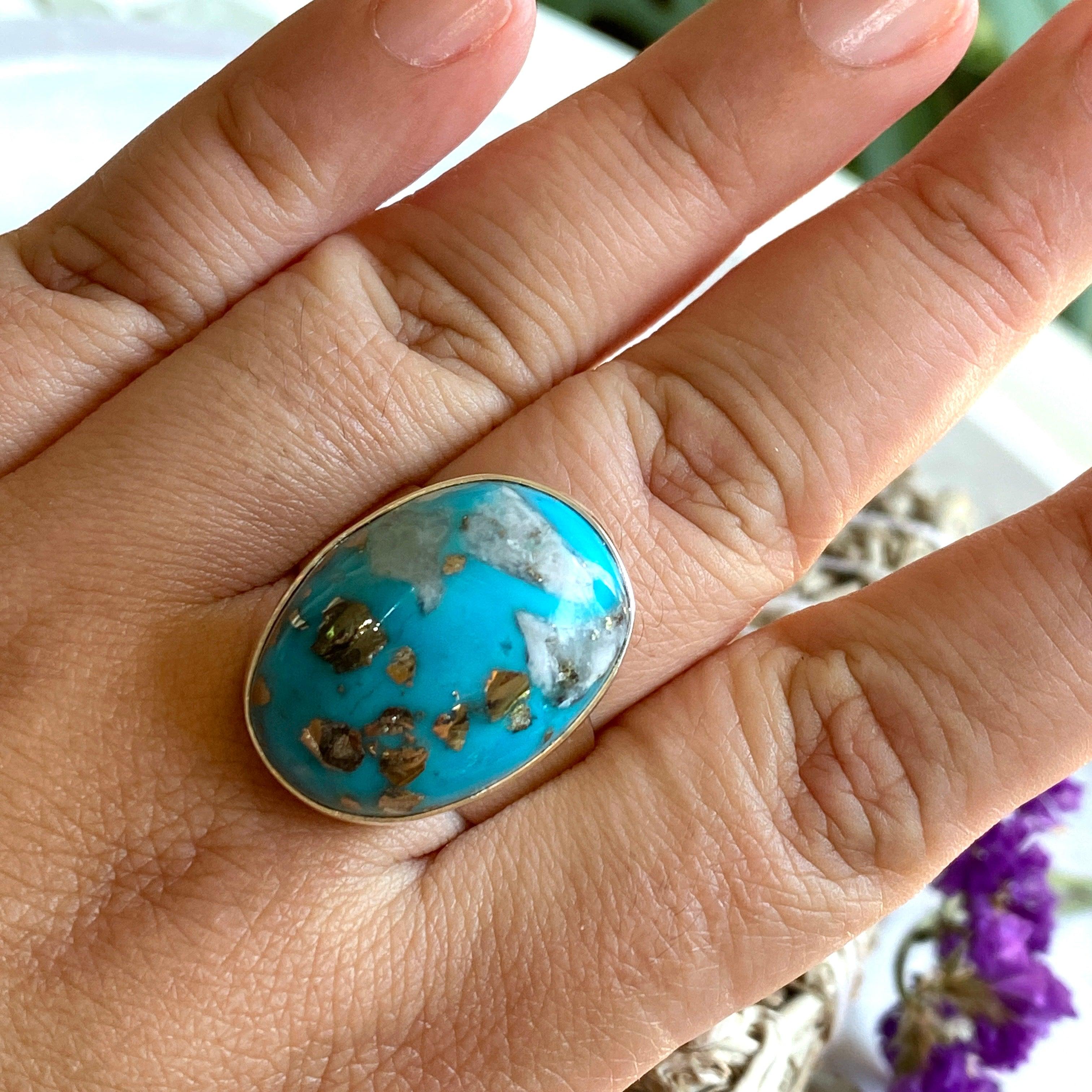 Persian Turquoise with Pyrite Oval Ring - Size 13 - KRGJ2518 - Elegant Jewelry for Women, Perfect for Weddings, Parties & Special Occasions