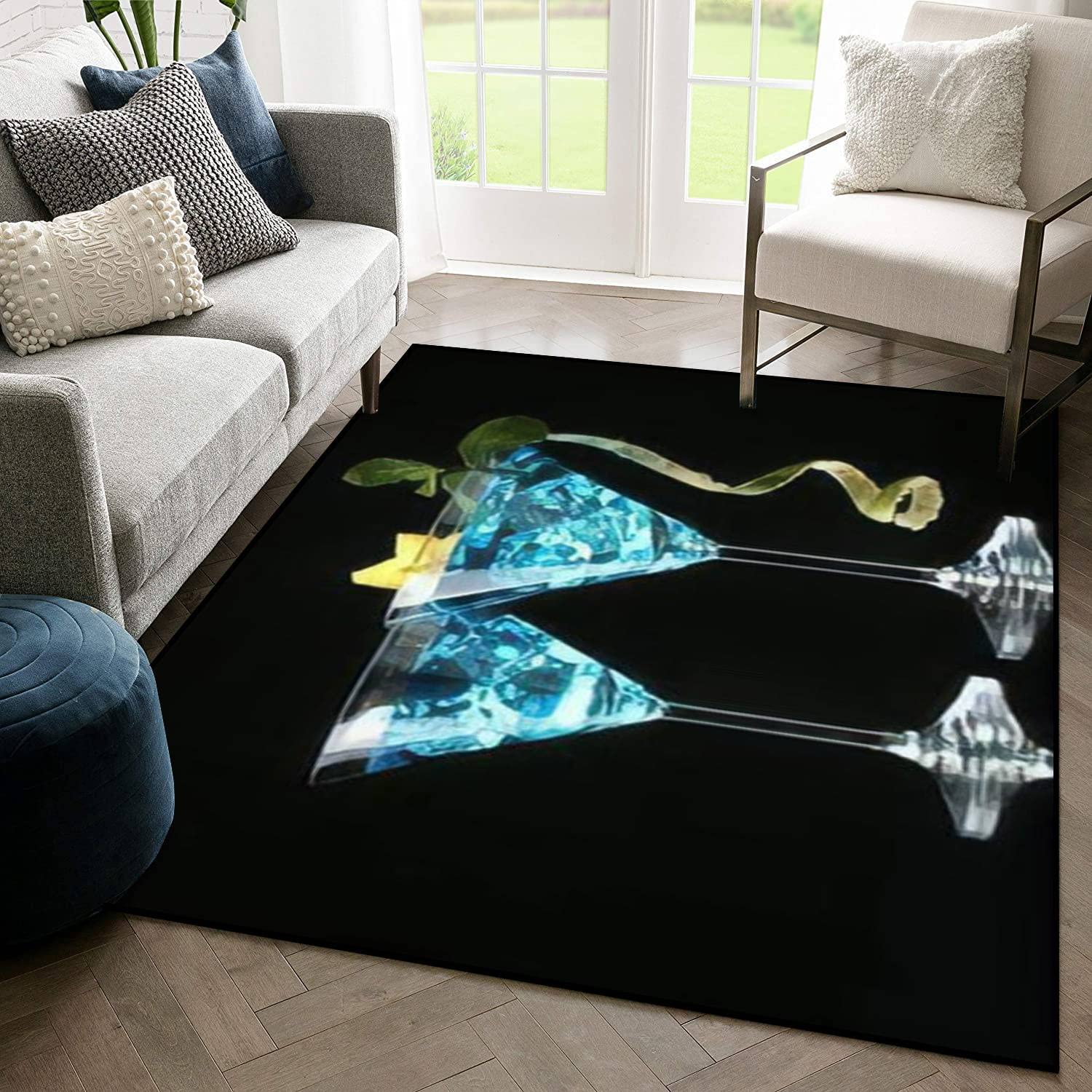 Non-Slip Indoor/Outdoor Area Rug - Blue Cocktail Martini Glass Design on Black Background - Soft Floor Mat for Living Room, Coffee Table, Chair - Home Decor Gift for Housewarming & Parties