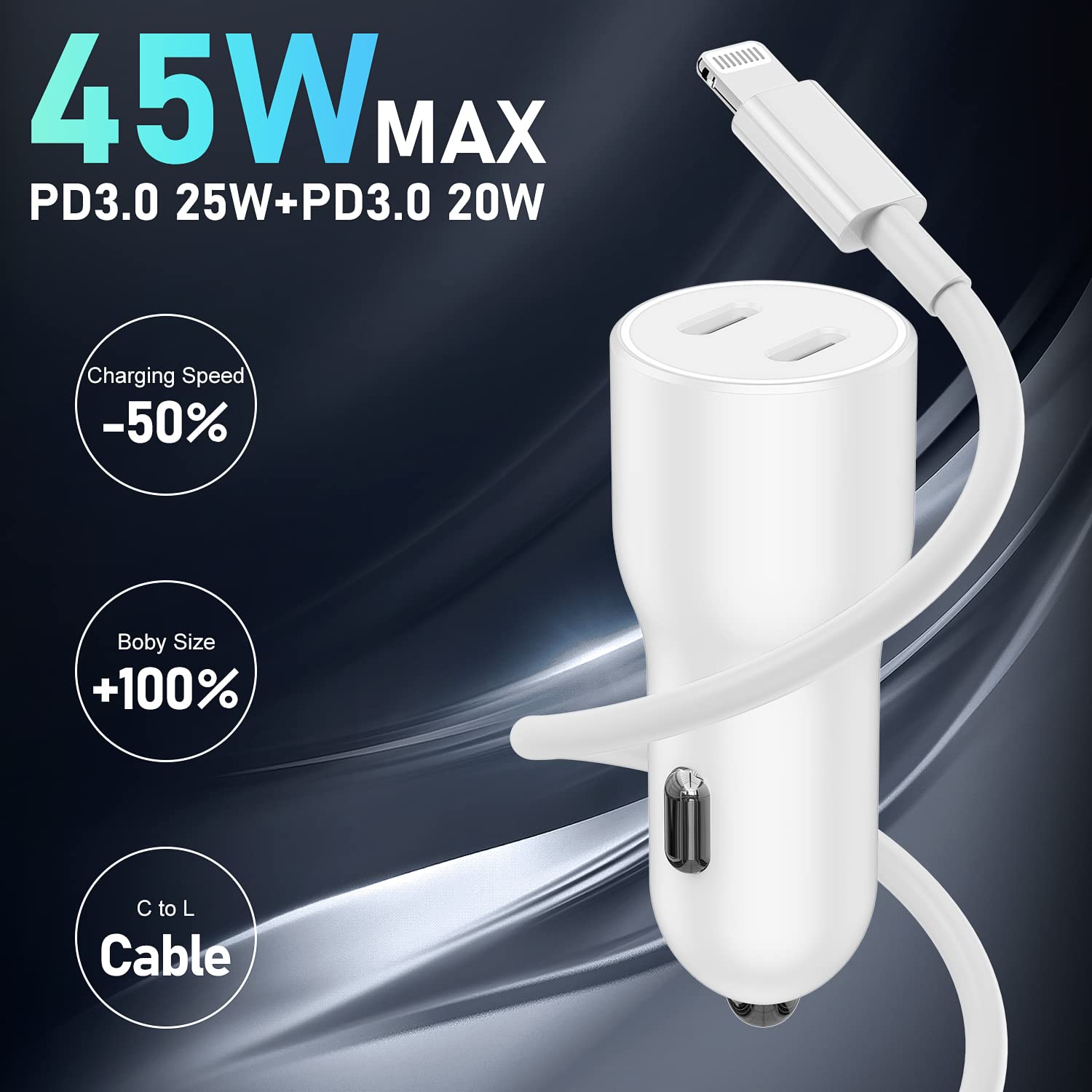 MFi Certified 45W Dual USB-C Car Charger for iPhone 14/13/12 Pro - Fast Charging with C to Lightning Cable - Perfect for Road Trips & Commuting