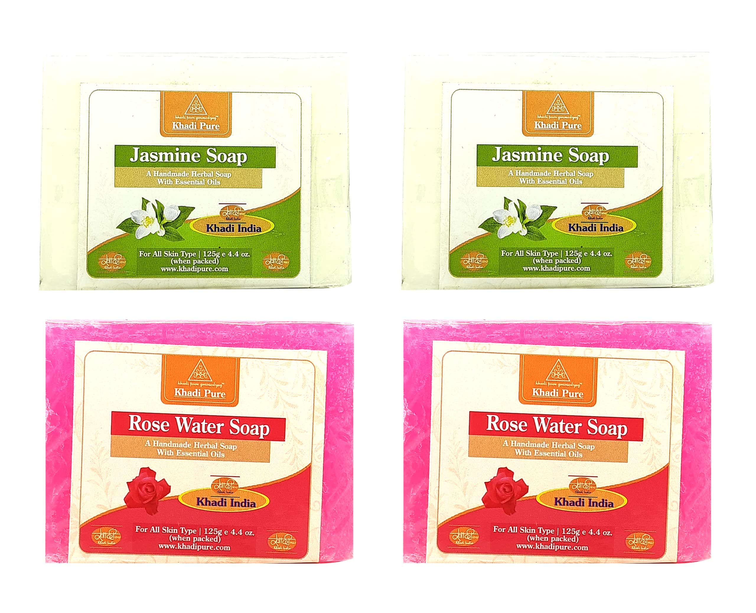 Khadi Pure Jasmine & Rosewater Soap - 4 Pack (125ml Each) | Natural Ayurvedic Skincare for Face & Body | Perfect for Sensitive Skin & Aromatherapy