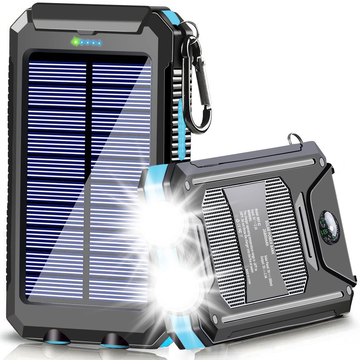 YOLOSKS 26800mAh Solar Power Bank with Dual 5V USB Fast Charging | Portable Solar Charger with Built-in LED Flashlight & Compass | Perfect for Camping, Hiking & Emergency Power Backup for Phones & Electronics