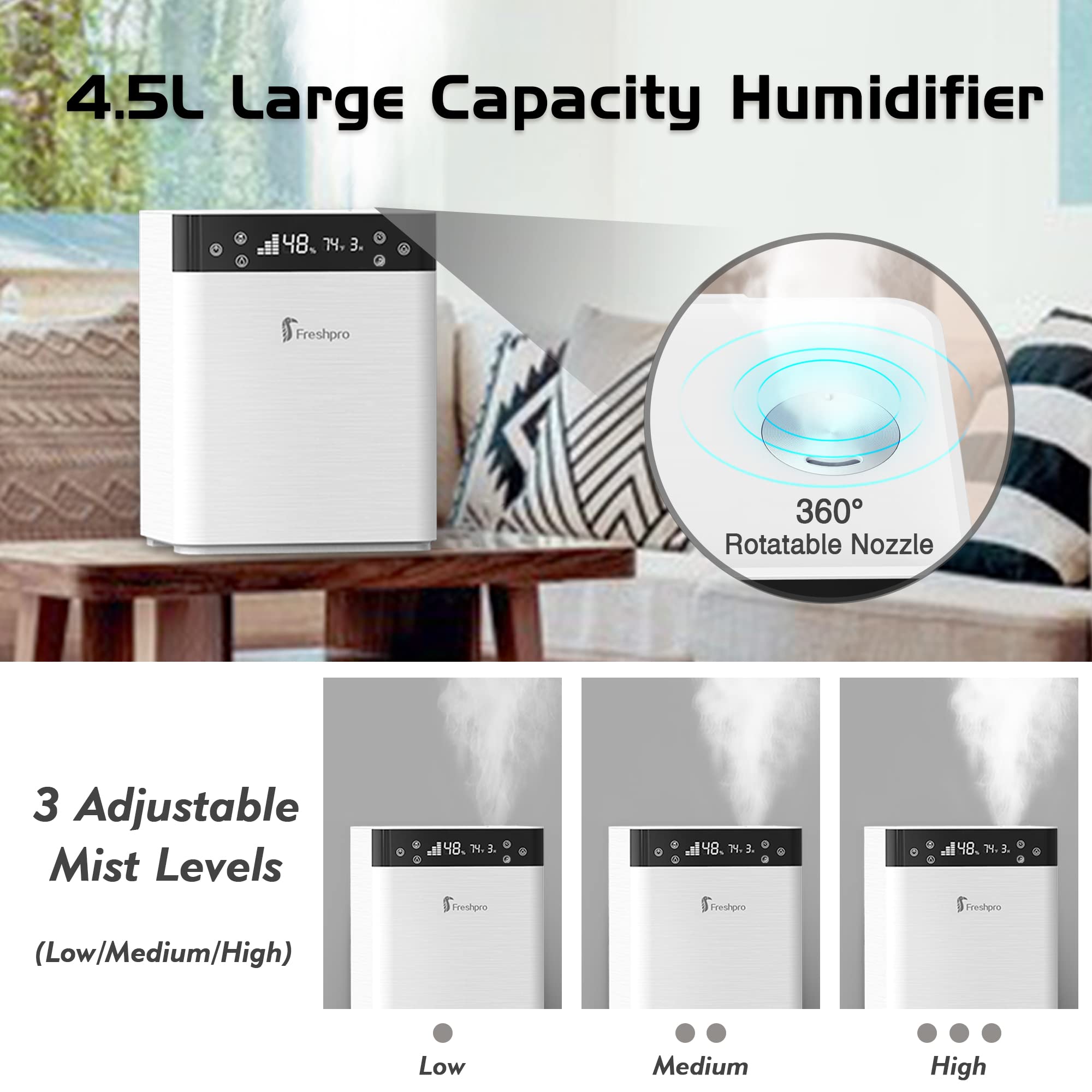 4.5L Top Fill Cool Mist Humidifier for Large Bedroom & Home - Quiet Ultrasonic Humidifier with Humidity Sensor, Auto Shut Off, Night Light & Sleep Mode - Perfect for Dry Air Relief, Baby Nurseries & Indoor Plants Care