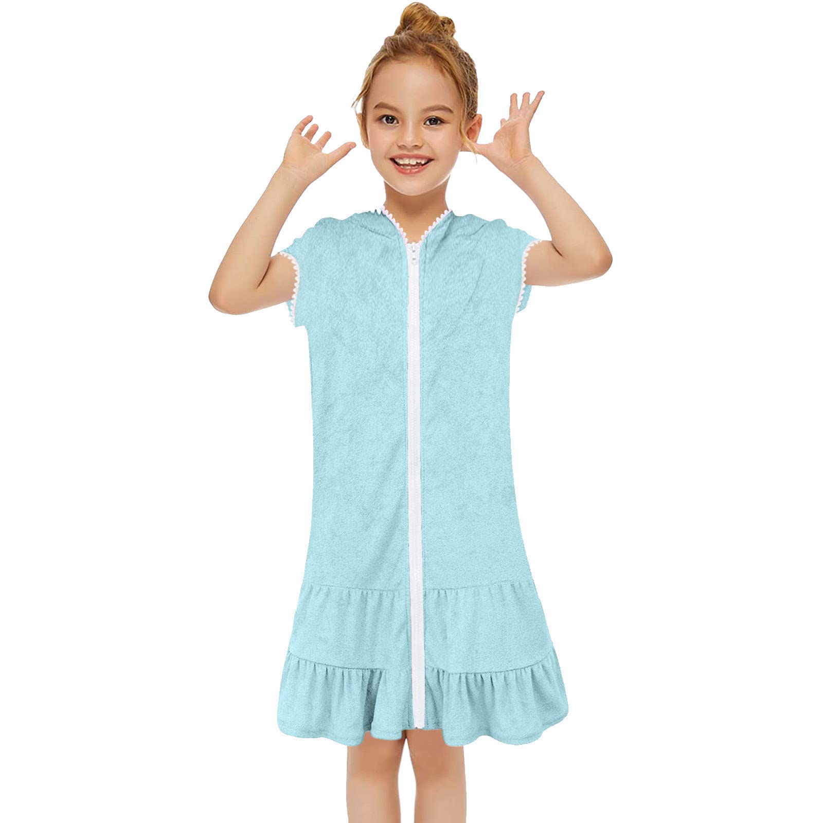 Toddler Girl Swim Cover Up Dress - Short Sleeve Hoodie with Zipper, Quick Dry Towel Bathing Suit for Summer Beach & Pool (Perfect for Swim Lessons, Vacation & Water Play)