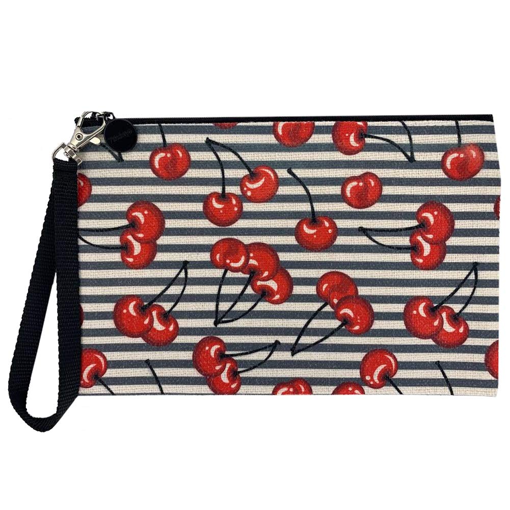 Rockabilly Cherries Striped Linen Zippered Pouch Wristlet - Vintage Style Cosmetic Makeup Bag for Women | Perfect for Travel, Gym & Everyday Essentials Organization