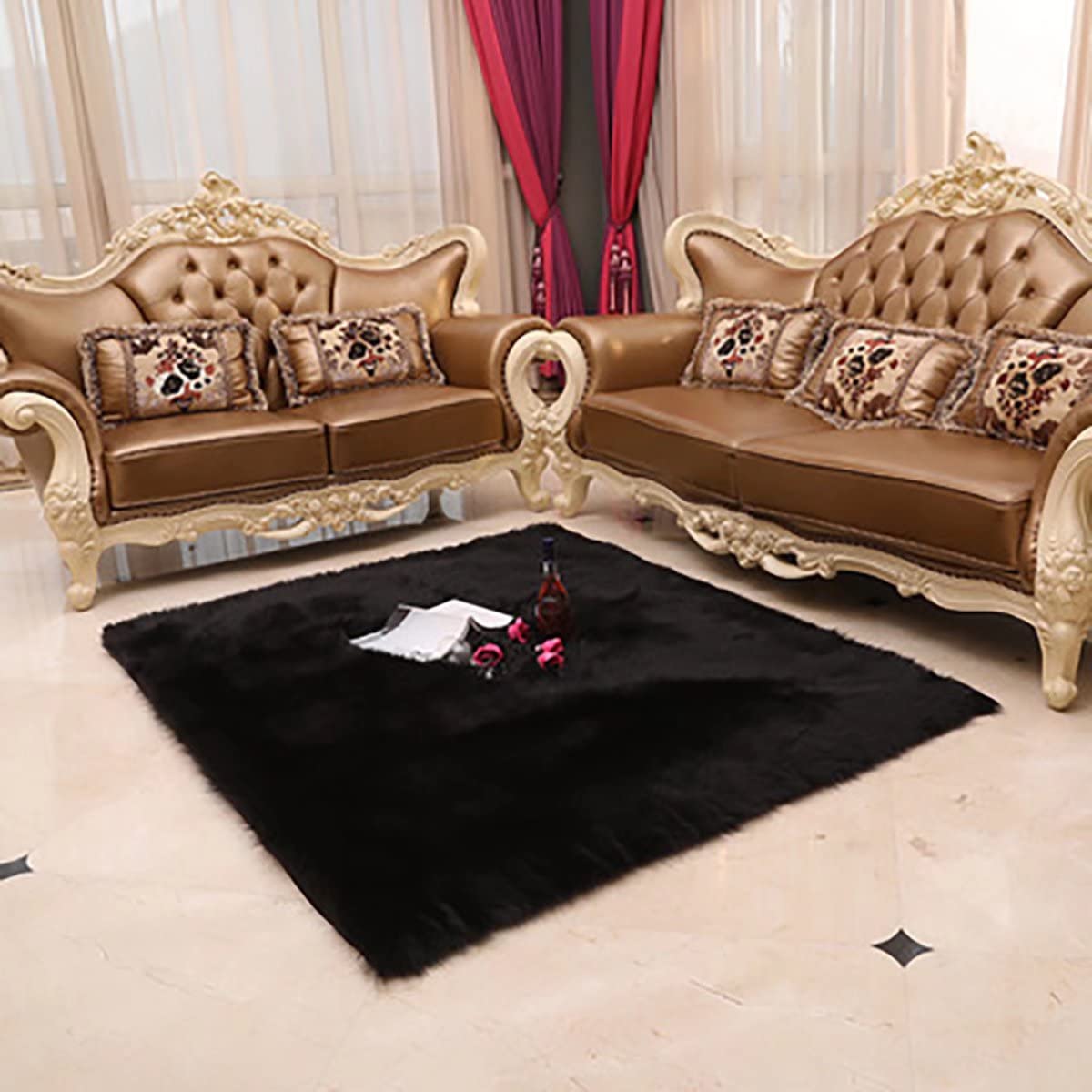 Luxury Faux Sheepskin Fluffy Area Rug - Soft Furry Carpet for Bedroom, Living Room, Nursery - 6' x 9' Black - Cozy Home Decor, Perfect for Floor Seating & Bedside Comfort