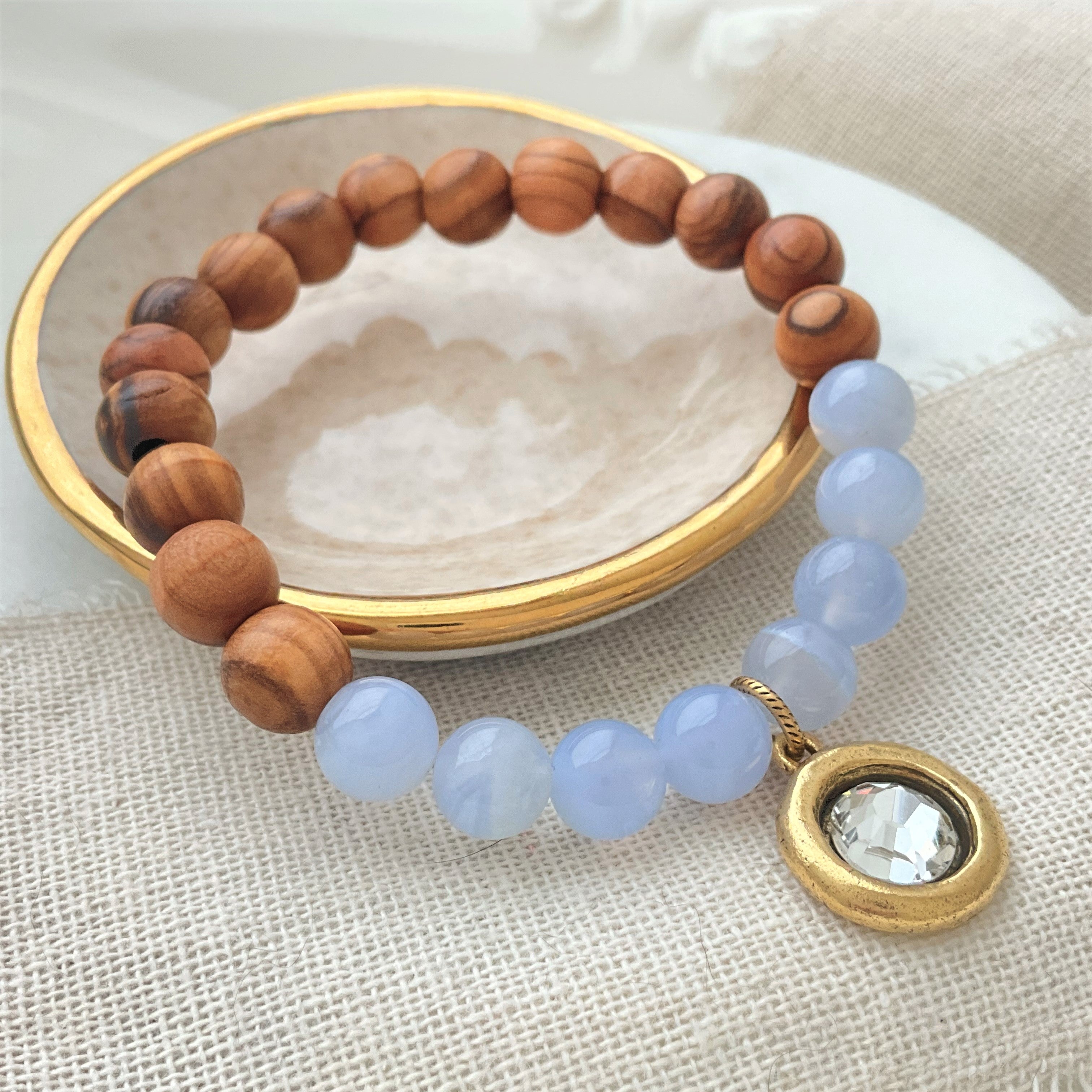Holy Land Olive Wood & Blue Lace Agata Bead Bracelet with Charm - Handmade Spiritual Jewelry for Women, Meditation & Prayer Accessories - Perfect for Yoga, Gift Giving & Faith-Based Occasions